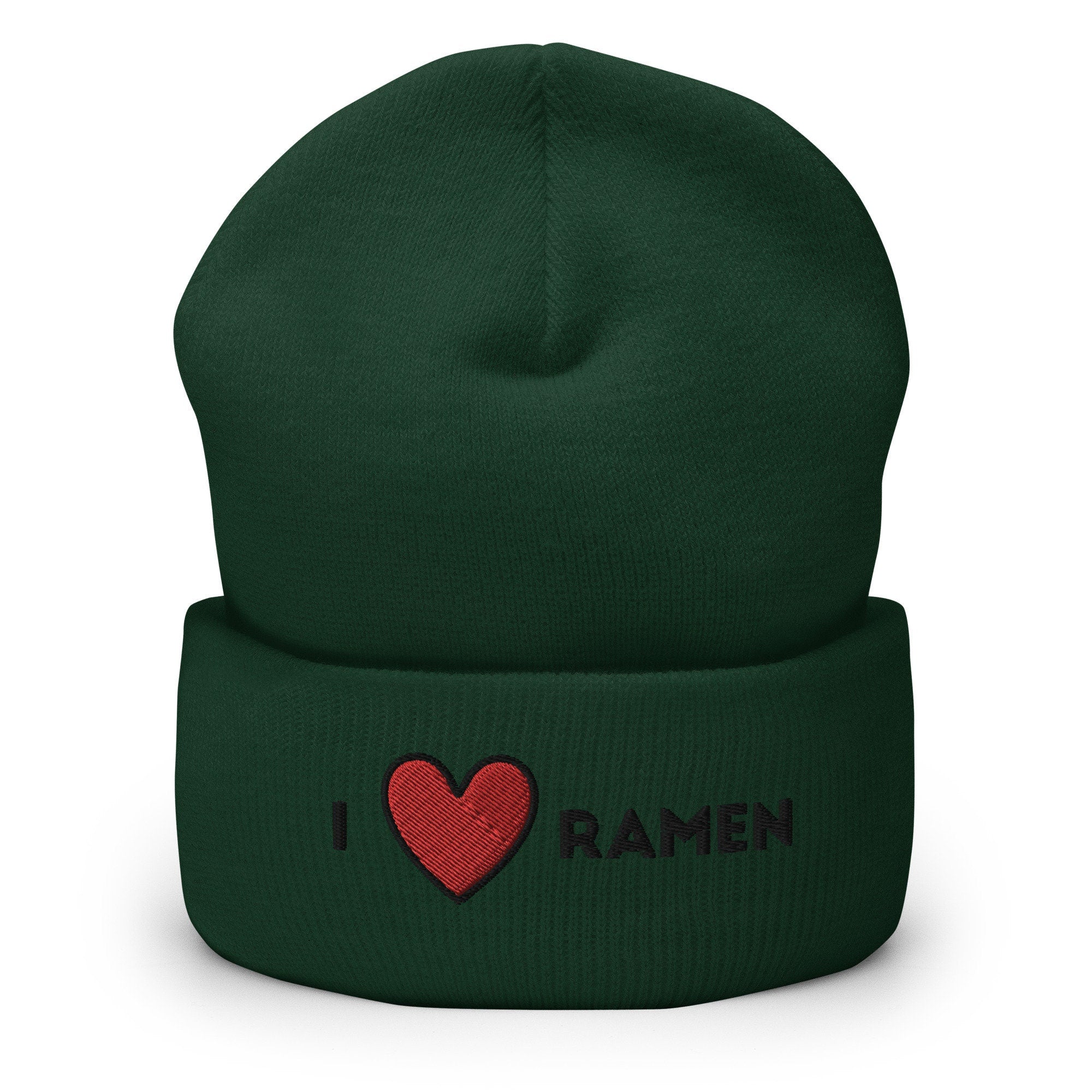 I Heart Ramen Embroidered Beanie, Handmade Cuffed Knit Unisex Slouchy Adult Winter Hat Cap Gift