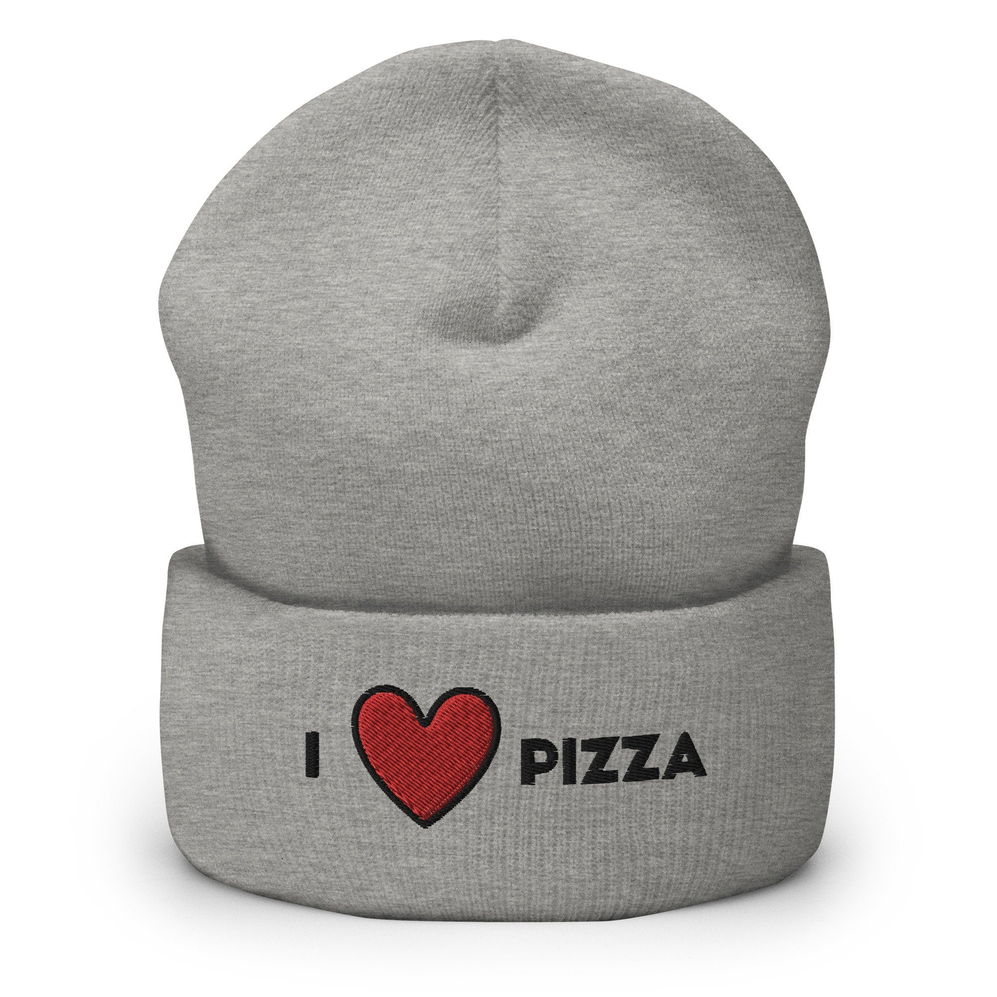 I Heart Pizza Embroidered Beanie, Handmade Cuffed Knit Unisex Slouchy Adult Winter Hat Cap Gift