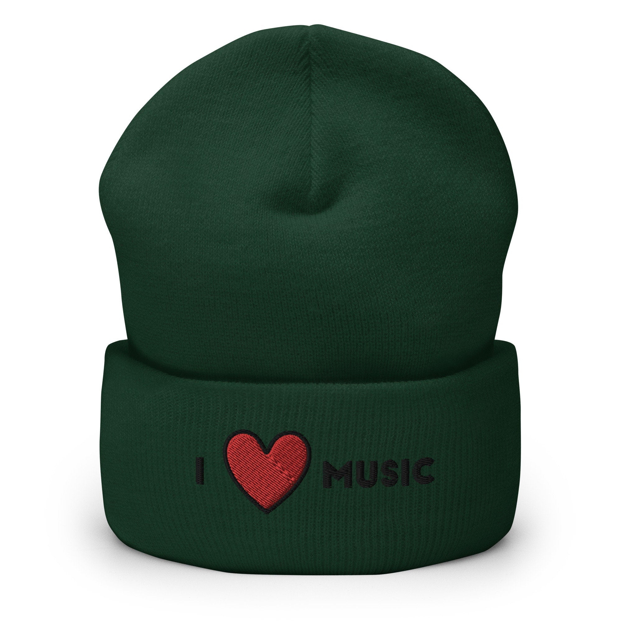 I Heart Music Embroidered Beanie, Handmade Cuffed Knit Unisex Slouchy Adult Winter Hat Cap Gift