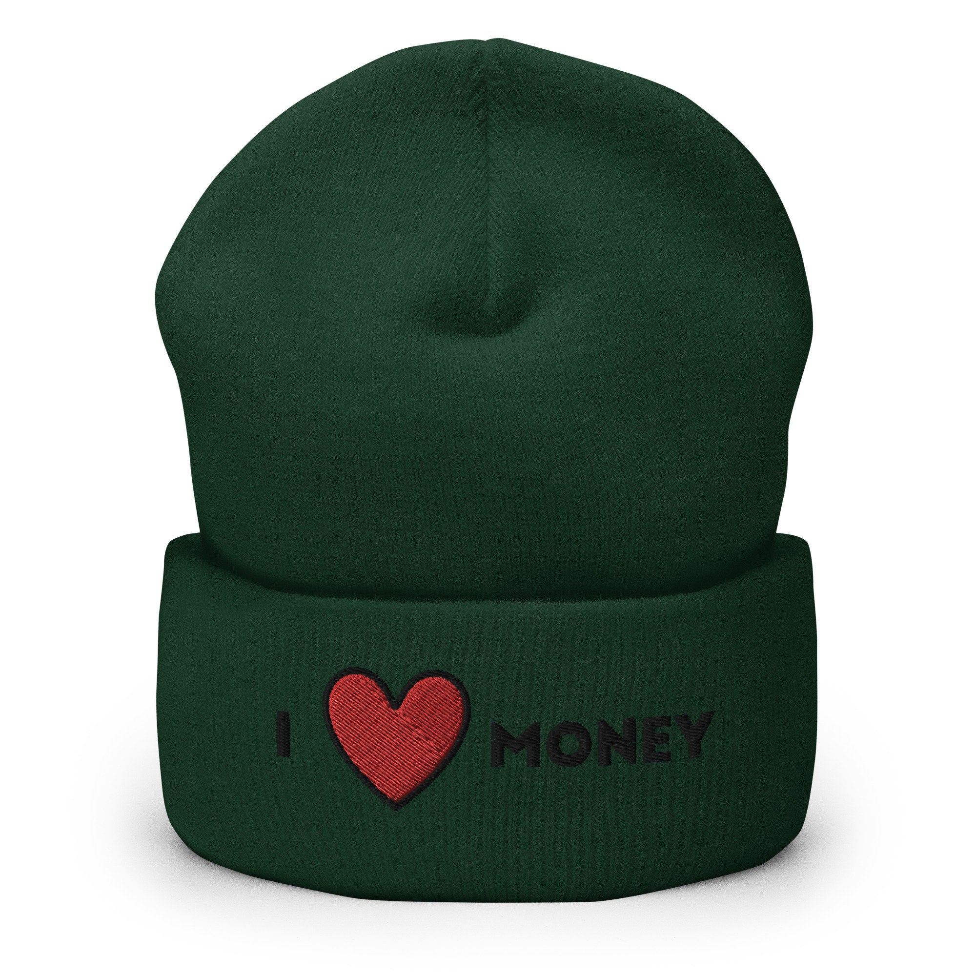 I Love Money Embroidered Beanie, Handmade Cuffed Knit Unisex Slouchy Adult Winter Hat Cap Gift