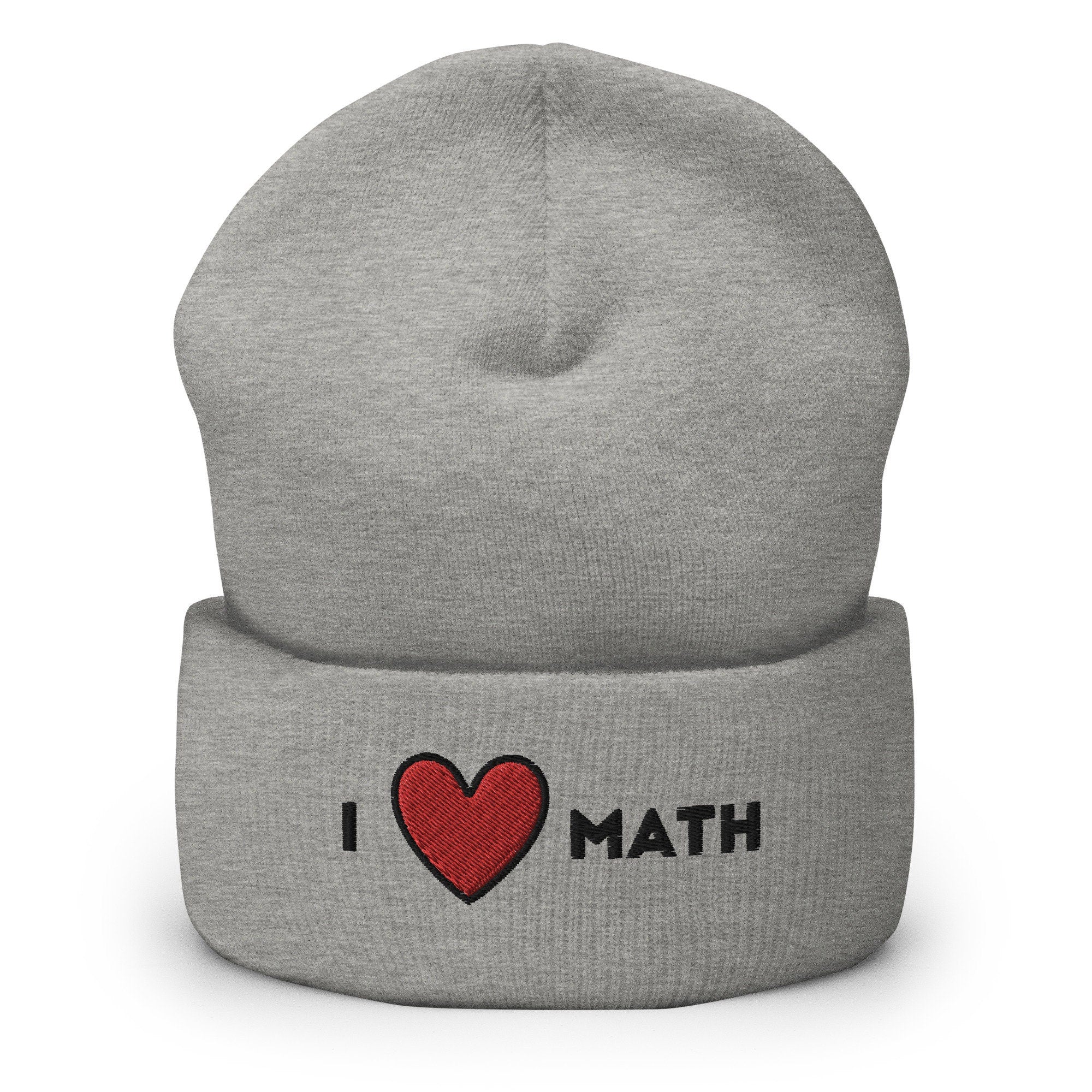 I Heart Math Embroidered Beanie, Handmade Cuffed Knit Unisex Slouchy Adult Winter Hat Cap Gift