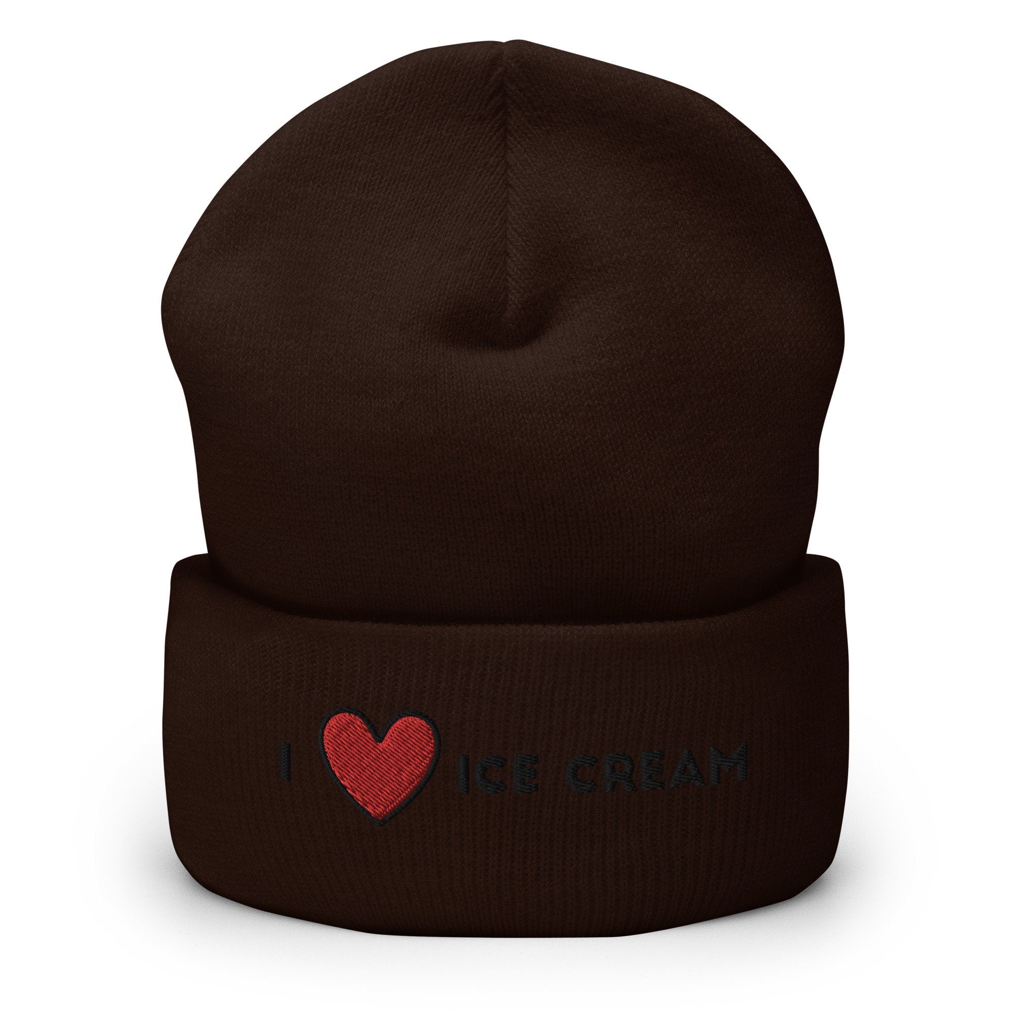 I Heart Ice Cream Embroidered Beanie, Handmade Cuffed Knit Unisex Slouchy Adult Winter Hat Cap Gift