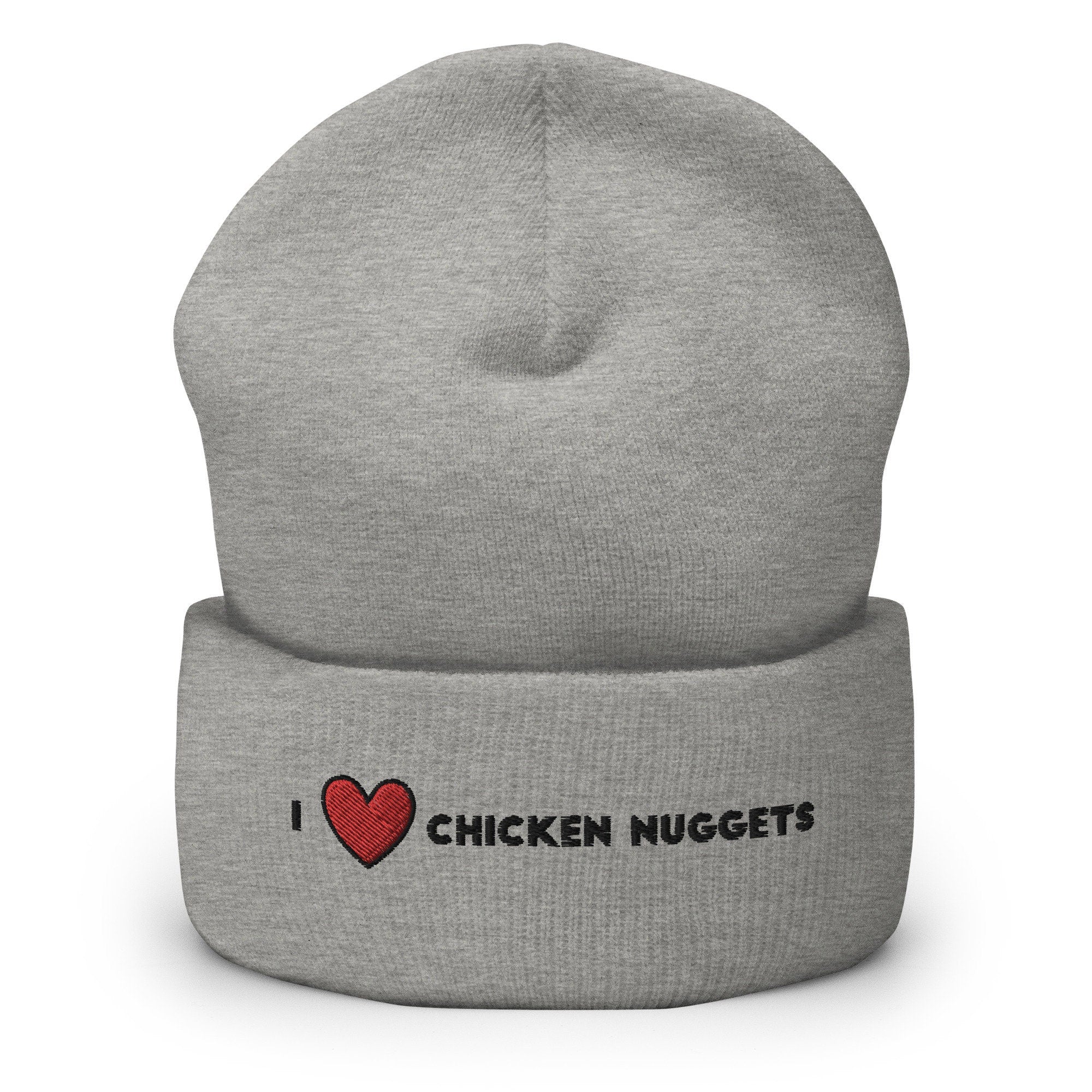 I Heart Chicken Nuggets Embroidered Beanie, Handmade Cuffed Knit Unisex Slouchy Adult Winter Hat Cap Gift