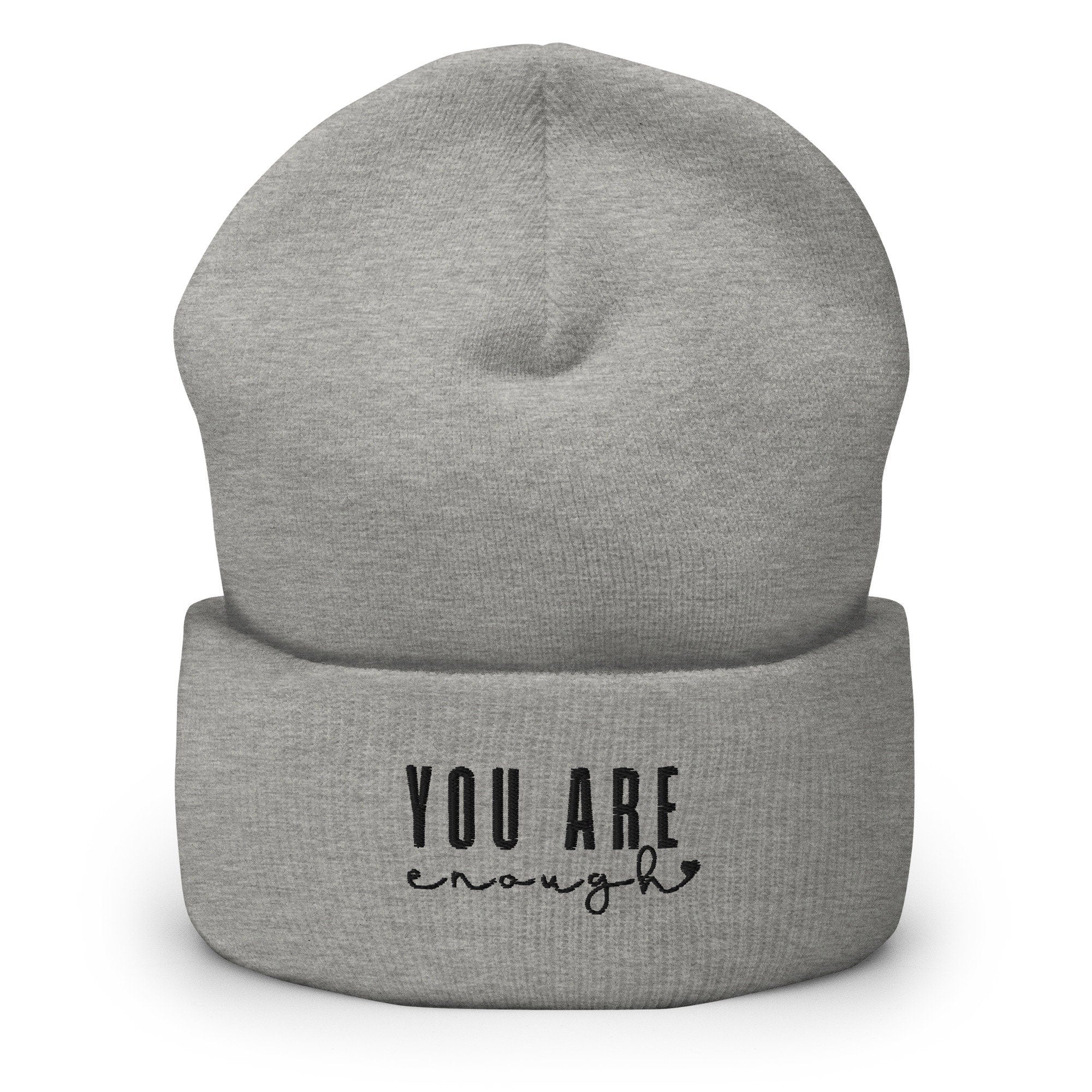 You Are Enough Embroidered Beanie, Handmade Cuffed Knit Unisex Slouchy Adult Winter Hat Cap Gift