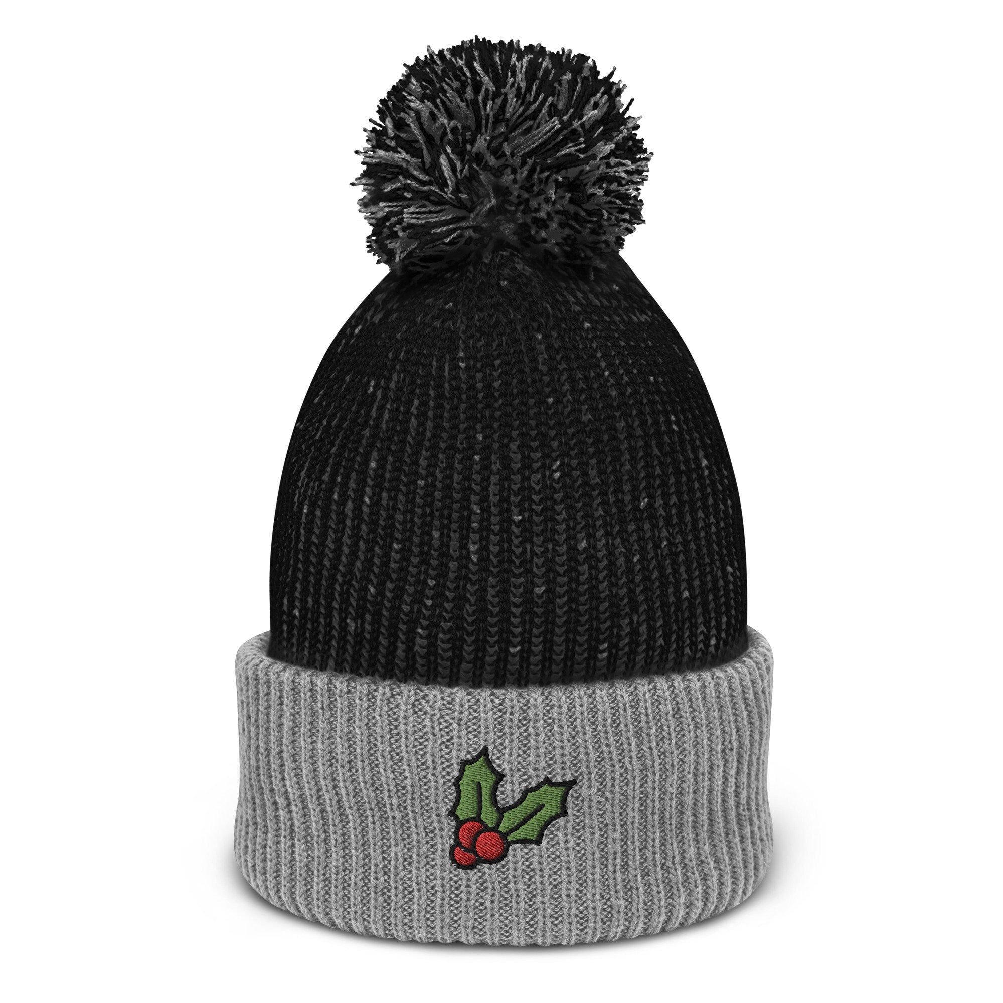 Holly Embroidered Pom Pom Beanie