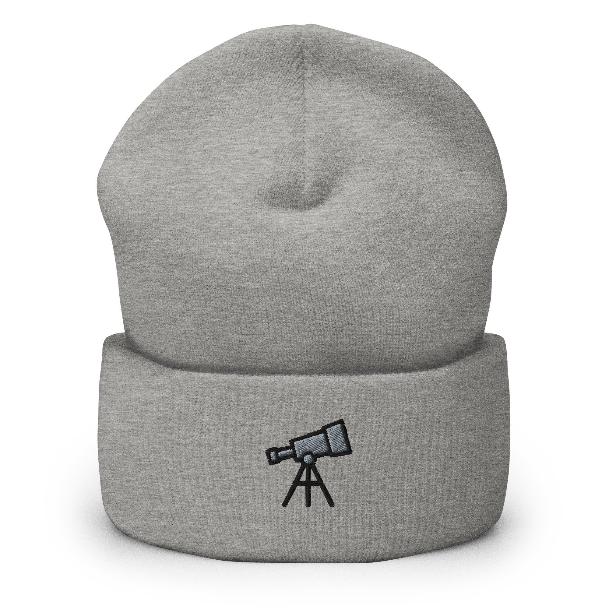 Astronomy Telescope Silver Embroidered Beanie, Handmade Cuffed Knit Unisex Slouchy Adult Winter Hat Cap Gift