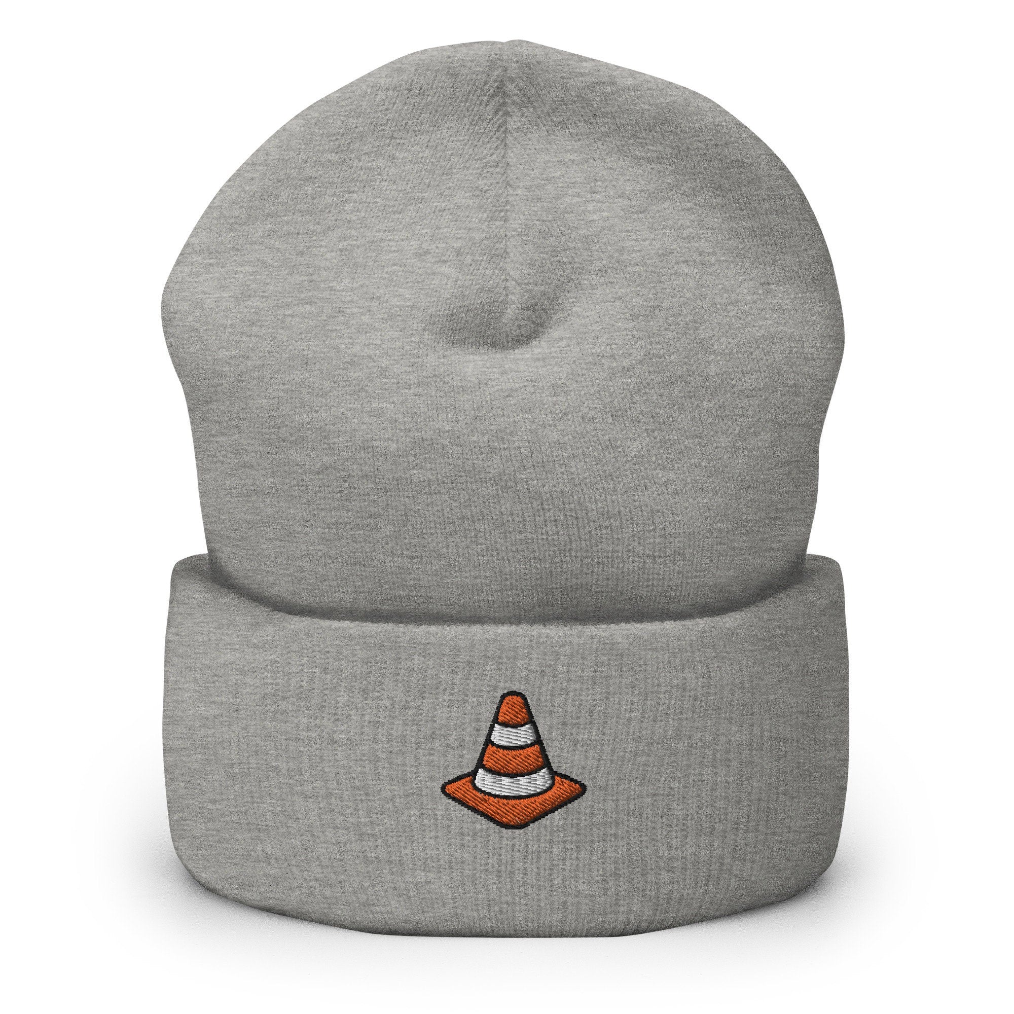 Traffic Safety Cone Embroidered Beanie, Handmade Cuffed Knit Unisex Slouchy Adult Winter Hat Cap Gift