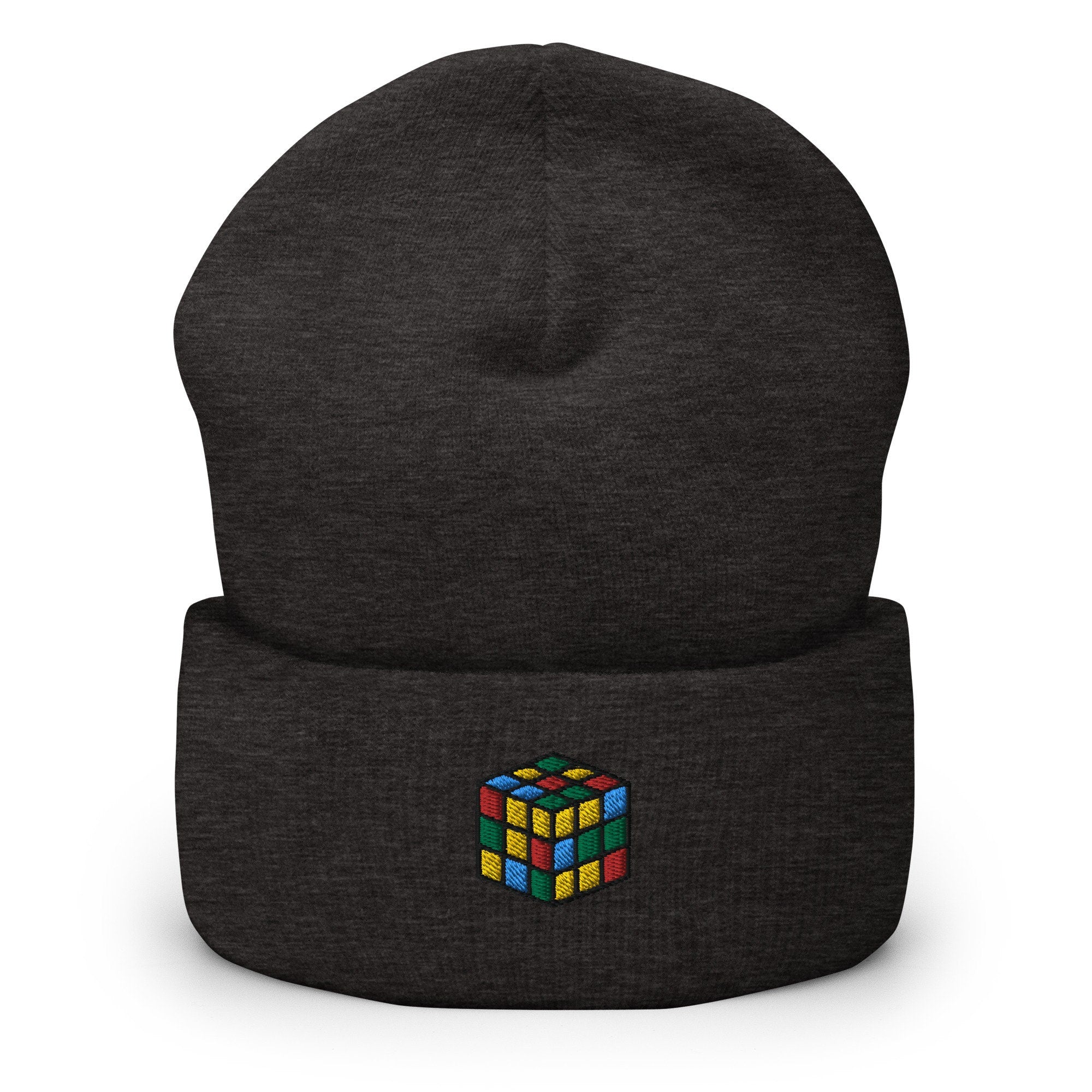 Rubik's Cube Puzzle Embroidered Beanie, Handmade Cuffed Knit Unisex Slouchy Adult Winter Hat Cap Gift