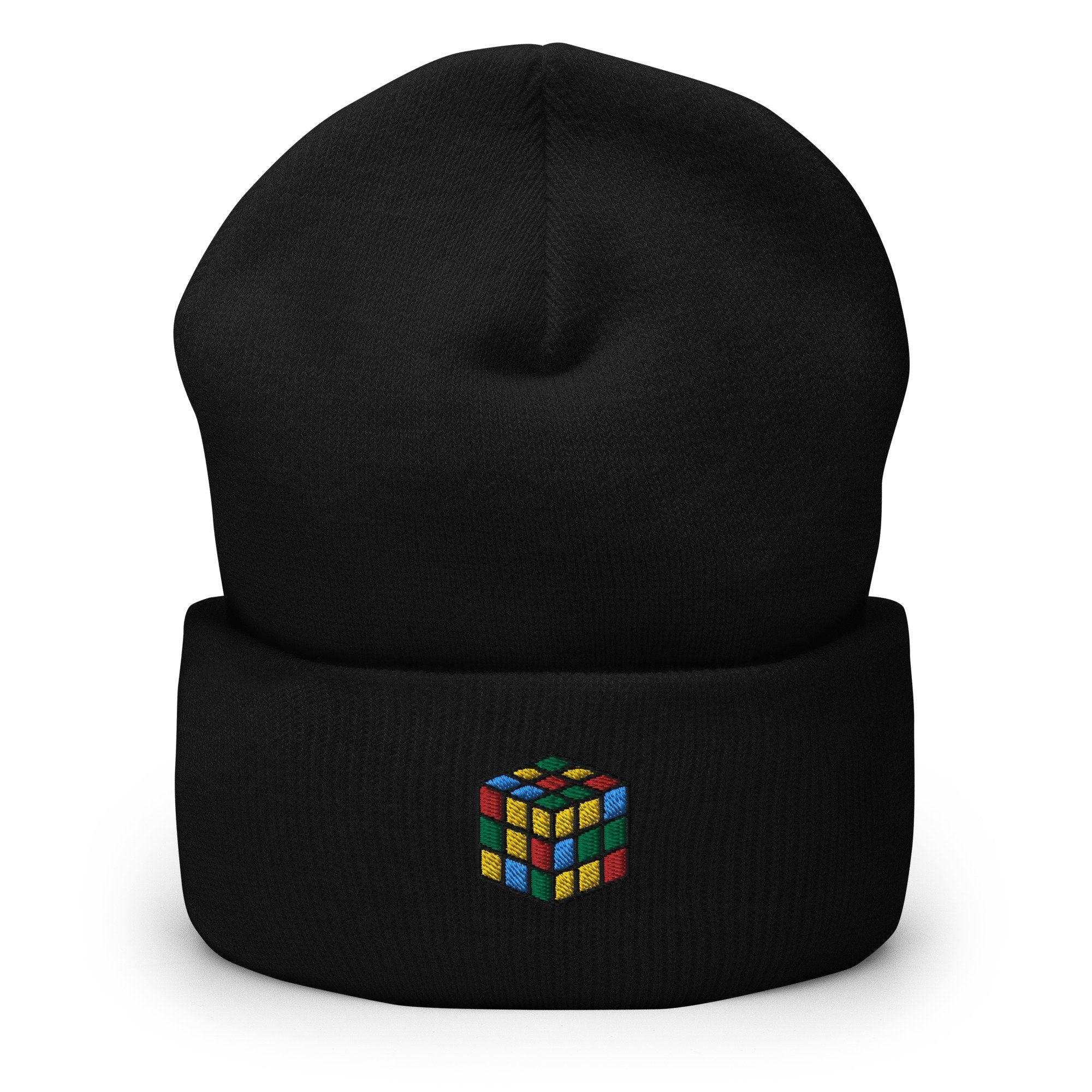 Rubik's Cube Puzzle Embroidered Beanie, Handmade Cuffed Knit Unisex Slouchy Adult Winter Hat Cap Gift