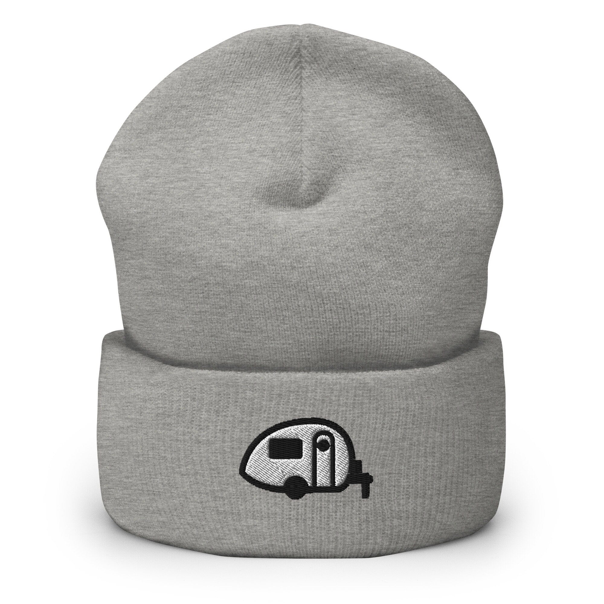 Camper TAB Teardrop Trailer Embroidered Beanie, Handmade Cuffed Knit Unisex Slouchy Adult Winter Hat Cap Gift