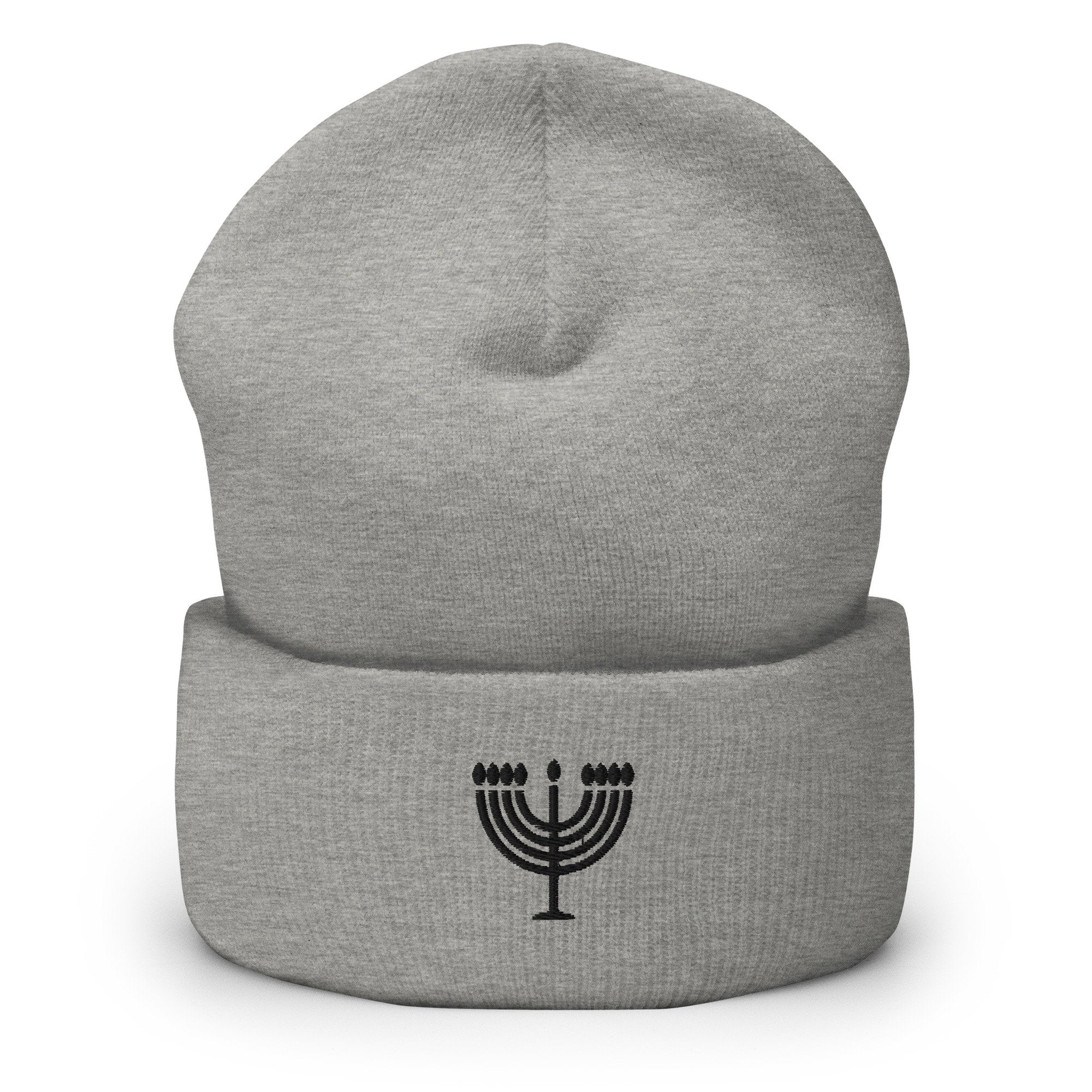 Hanukkah Jewish Menorah Embroidered Beanie, Handmade Cuffed Knit Unisex Slouchy Adult Winter Hat Cap Gift