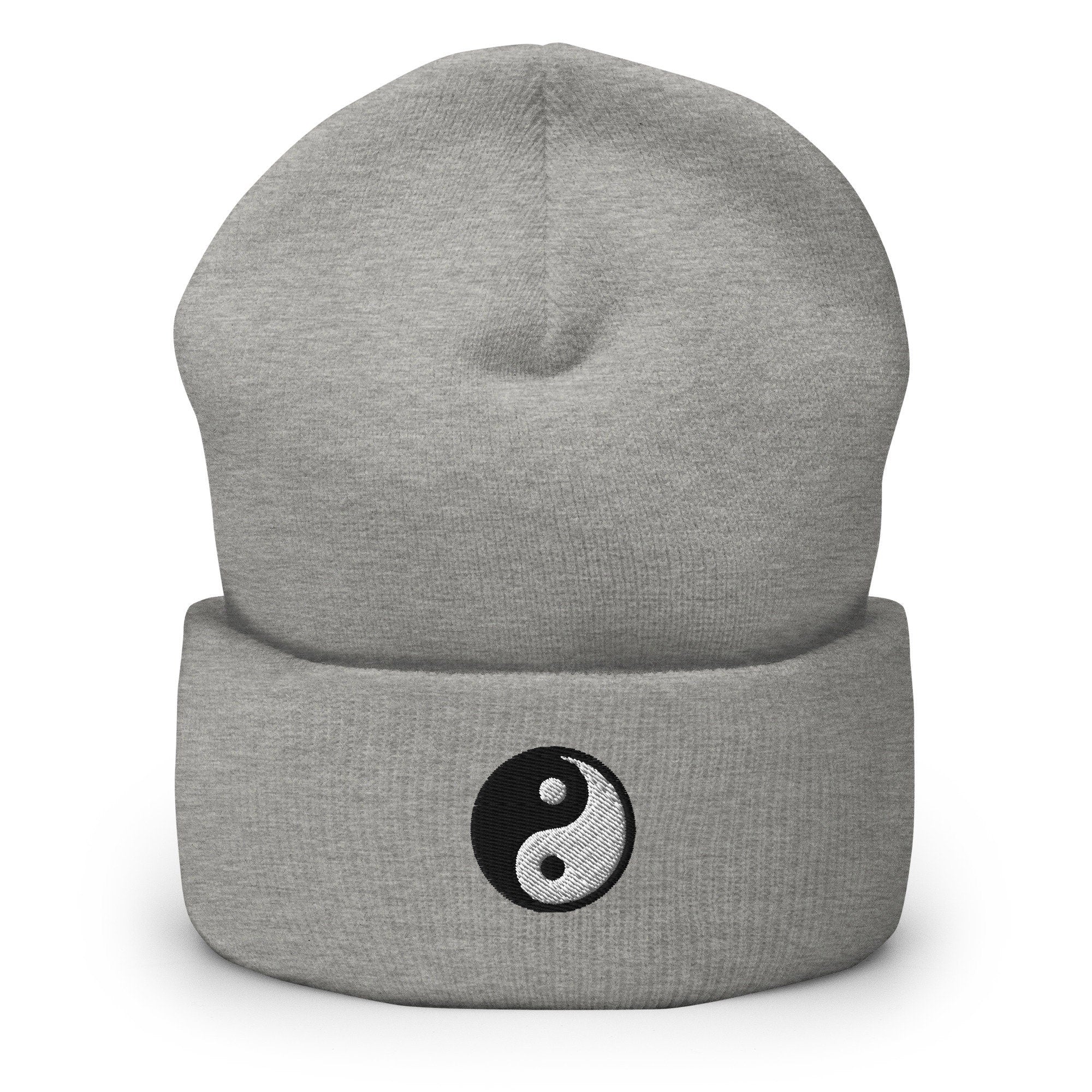 Yin Yang Symbol Taoism Embroidered Beanie, Handmade Cuffed Knit Unisex Slouchy Adult Winter Hat Cap Gift