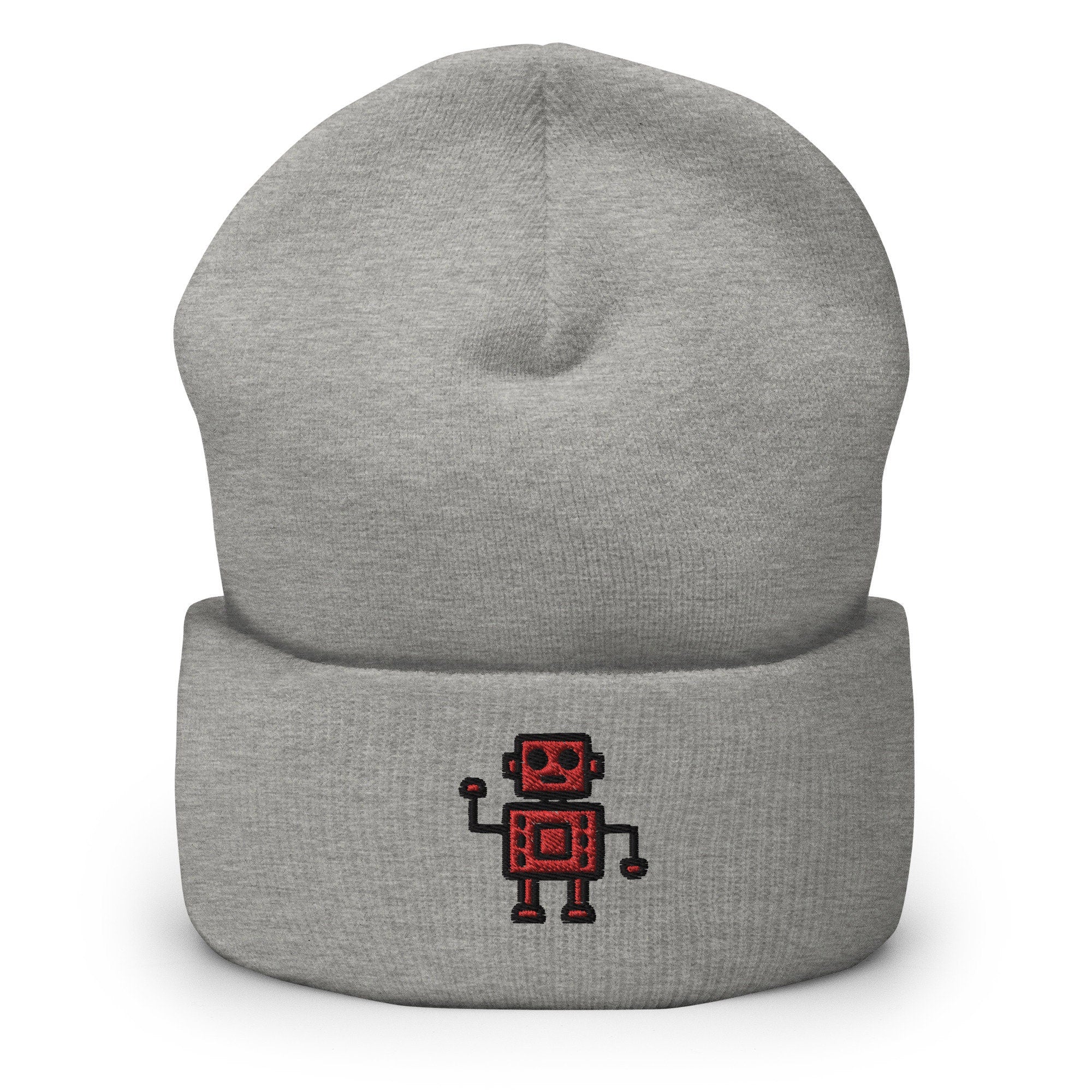 Vintage Retro Robot Embroidered Beanie, Handmade Cuffed Knit Unisex Slouchy Adult Winter Hat Cap Gift