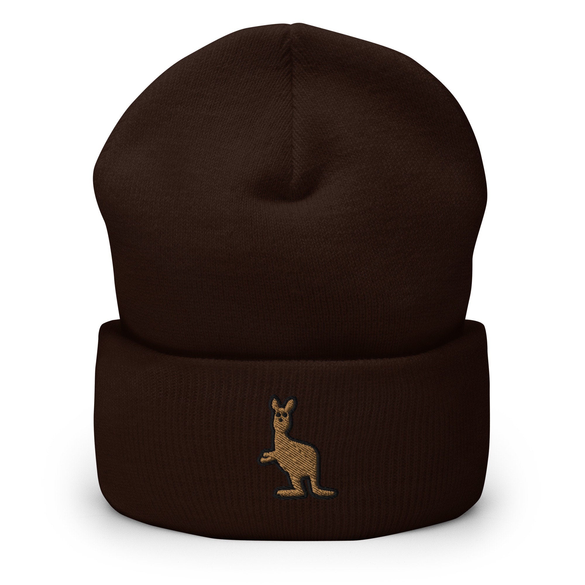 Kangaroo Embroidered Beanie, Handmade Cuffed Knit Unisex Slouchy Adult Winter Hat Cap Gift
