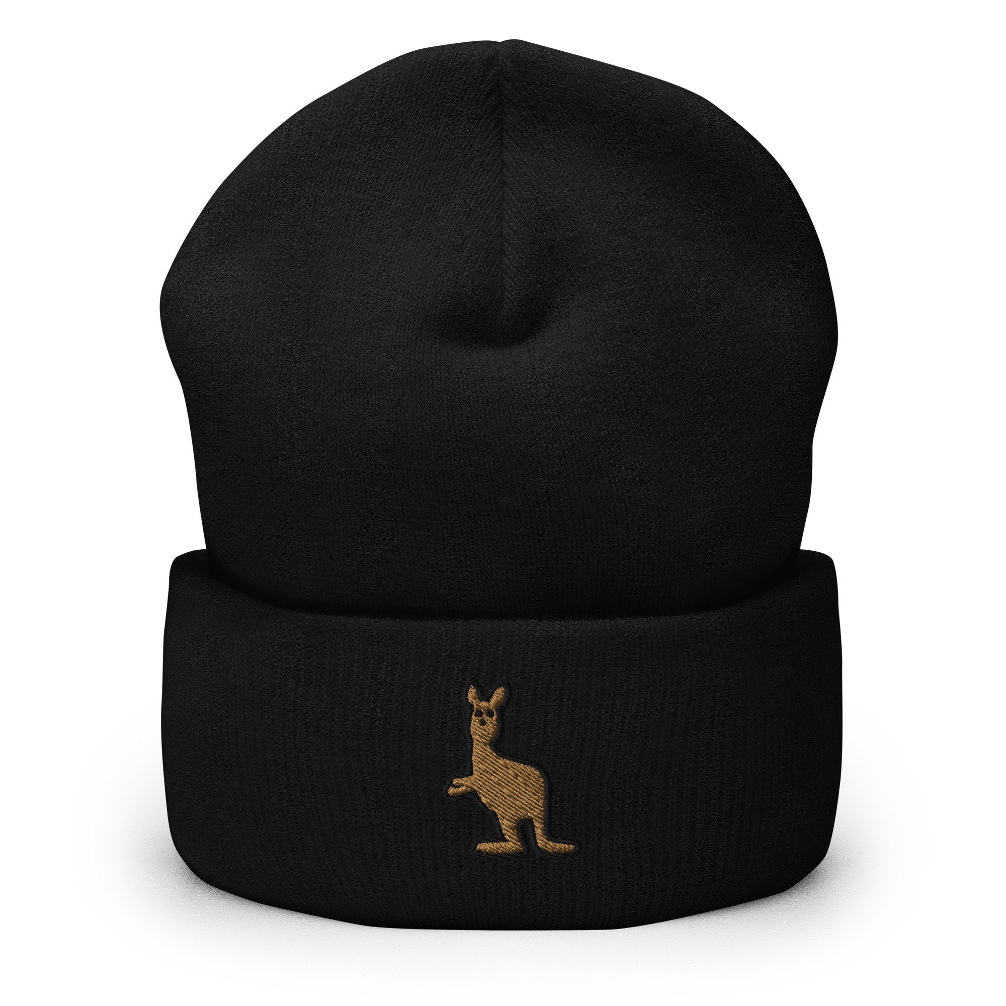 Kangaroo Embroidered Beanie, Handmade Cuffed Knit Unisex Slouchy Adult Winter Hat Cap Gift
