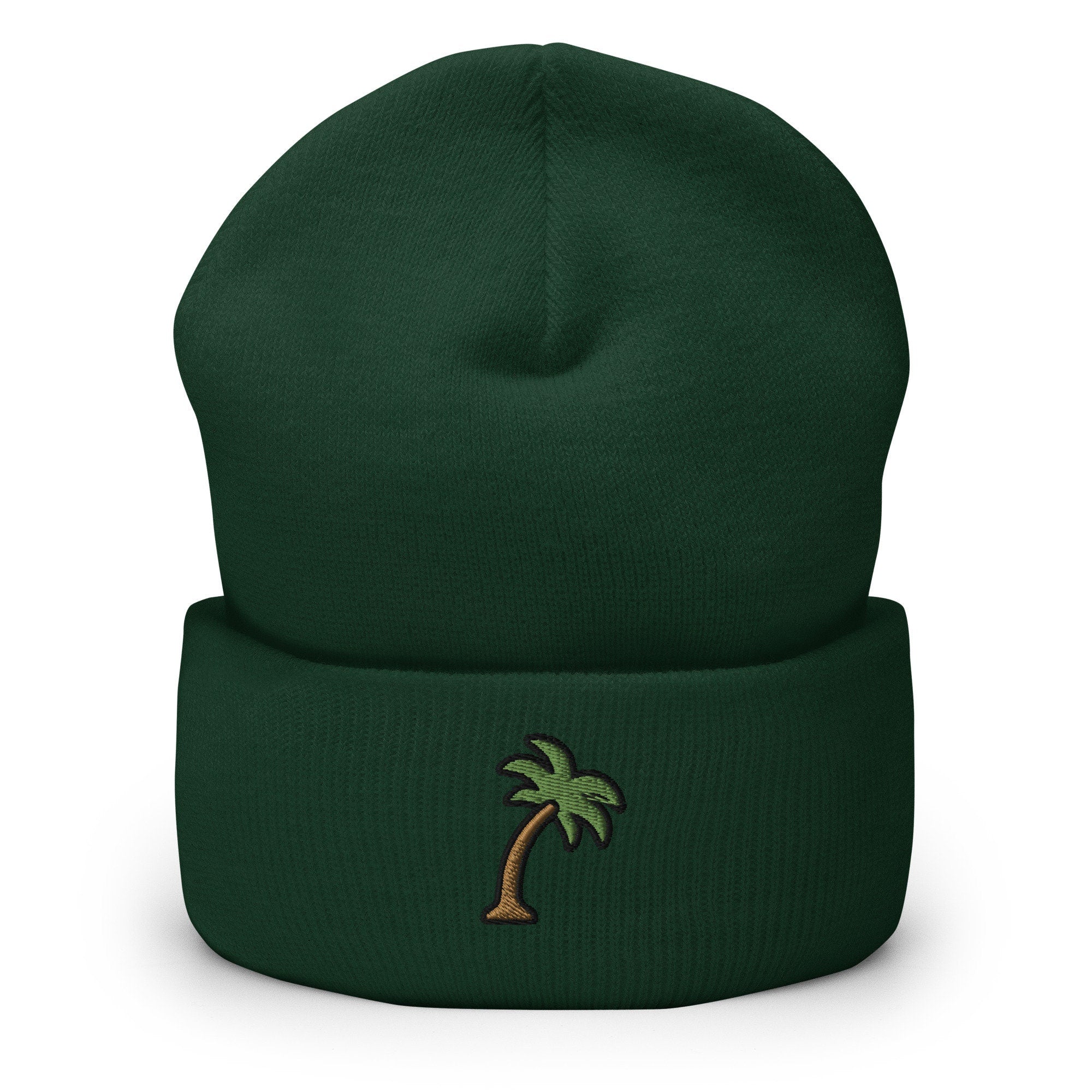 California, Tropical Palm Tree Embroidered Beanie, Handmade Cuffed Knit Unisex Slouchy Adult Winter Hat Cap Gift