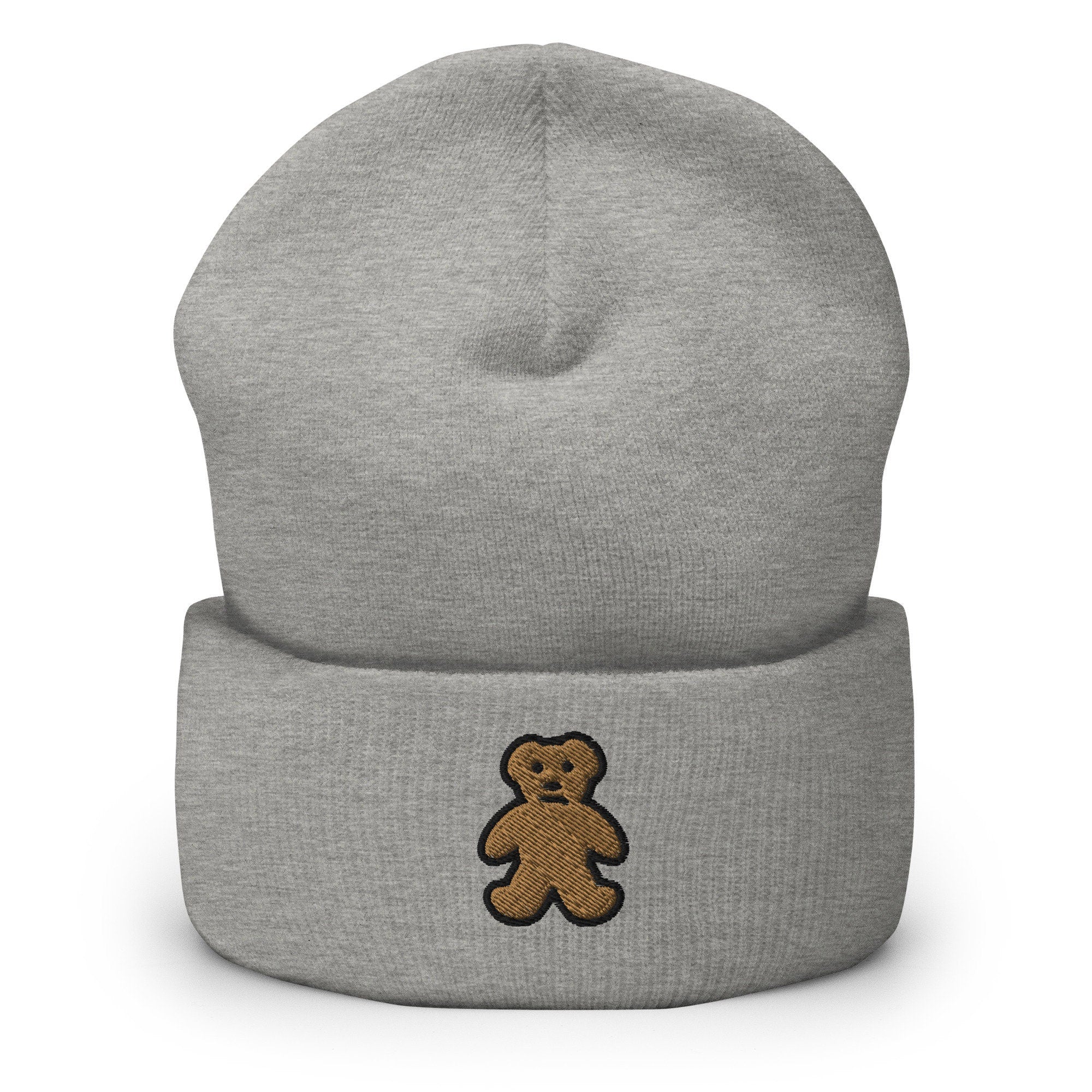 Teddy Bear Embroidered Beanie, Handmade Cuffed Knit Unisex Slouchy Adult Winter Hat Cap Gift