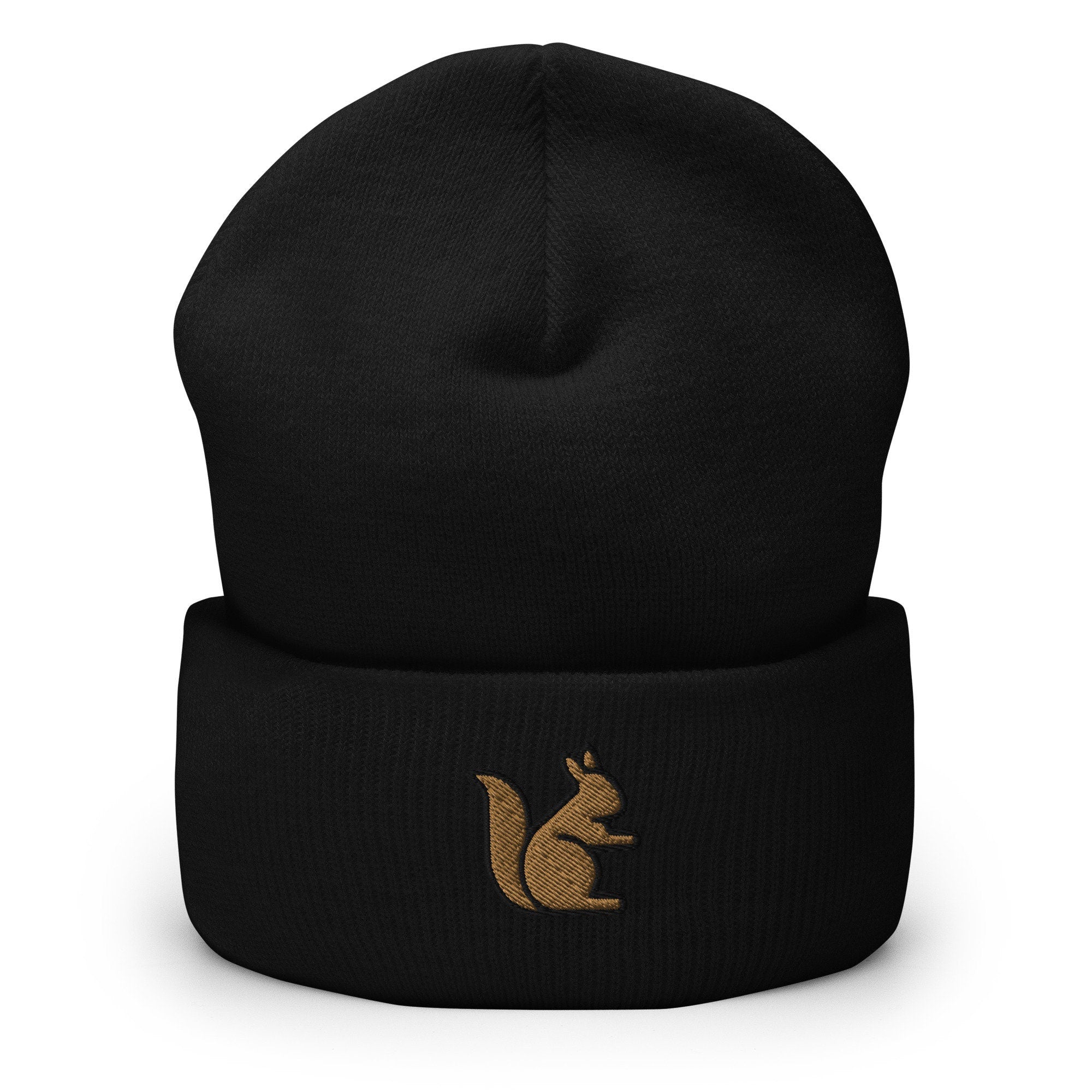 Squirrel Embroidered Beanie, Handmade Cuffed Knit Unisex Slouchy Adult Winter Hat Cap Gift