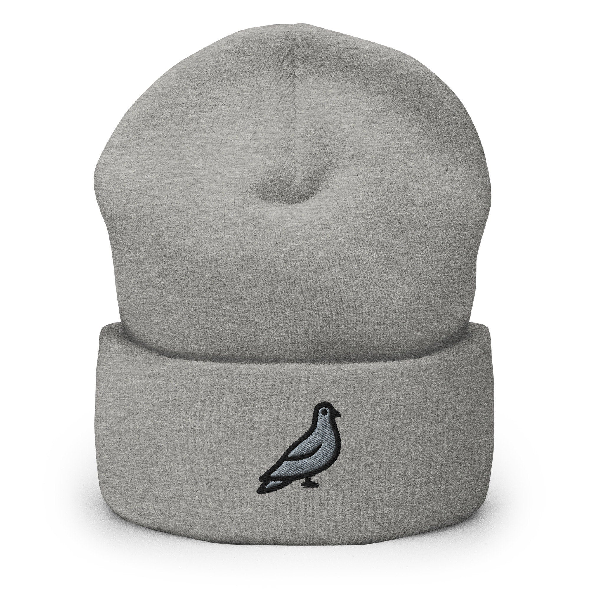 Pigeon Bird Embroidered Beanie, Handmade Cuffed Knit Unisex Slouchy Adult Winter Hat Cap Gift