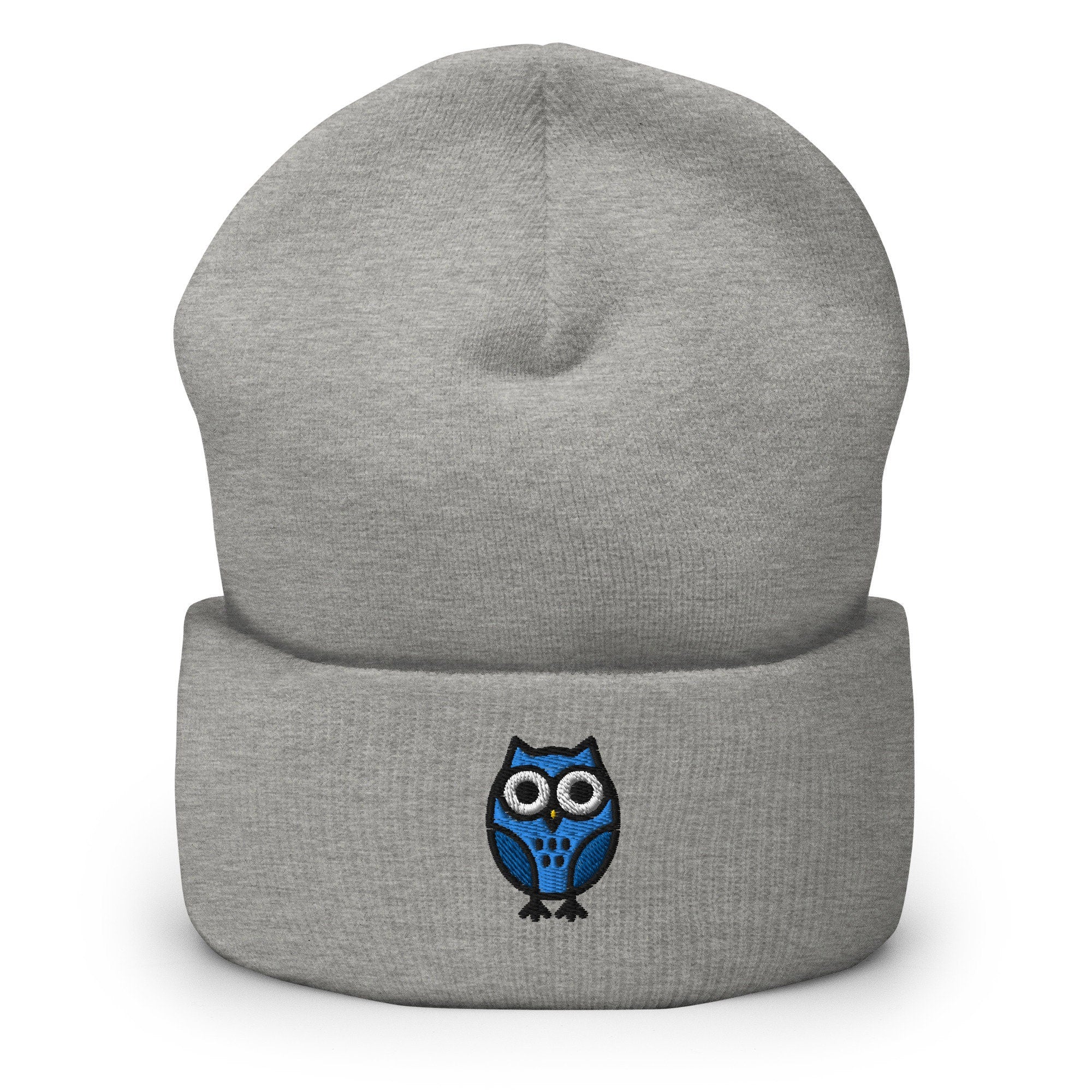 Blue Owl Embroidered Beanie, Handmade Cuffed Knit Unisex Slouchy Adult Winter Hat Cap Gift
