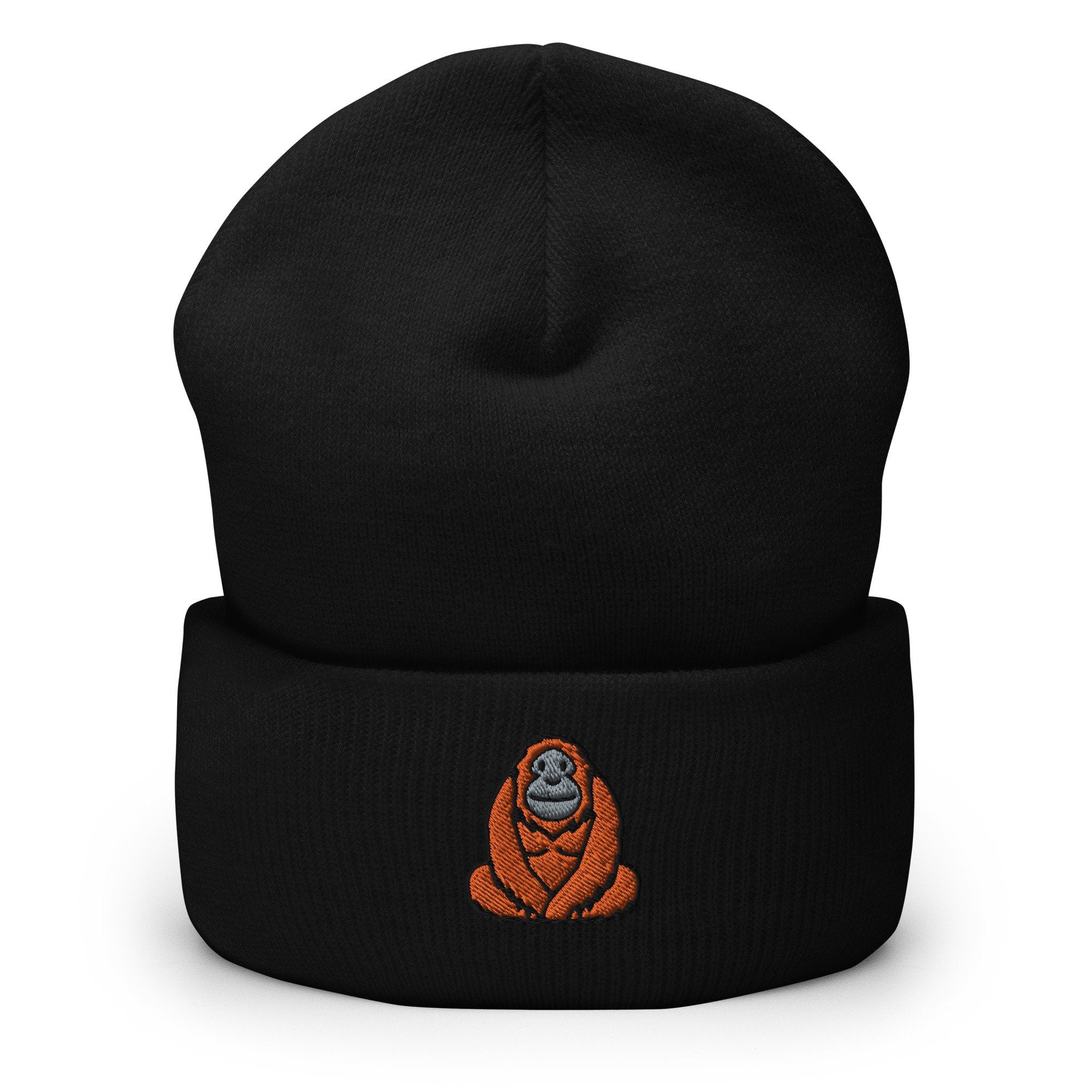 Orangutan Great Ape Embroidered Beanie, Handmade Cuffed Knit Unisex Slouchy Adult Winter Hat Cap Gift
