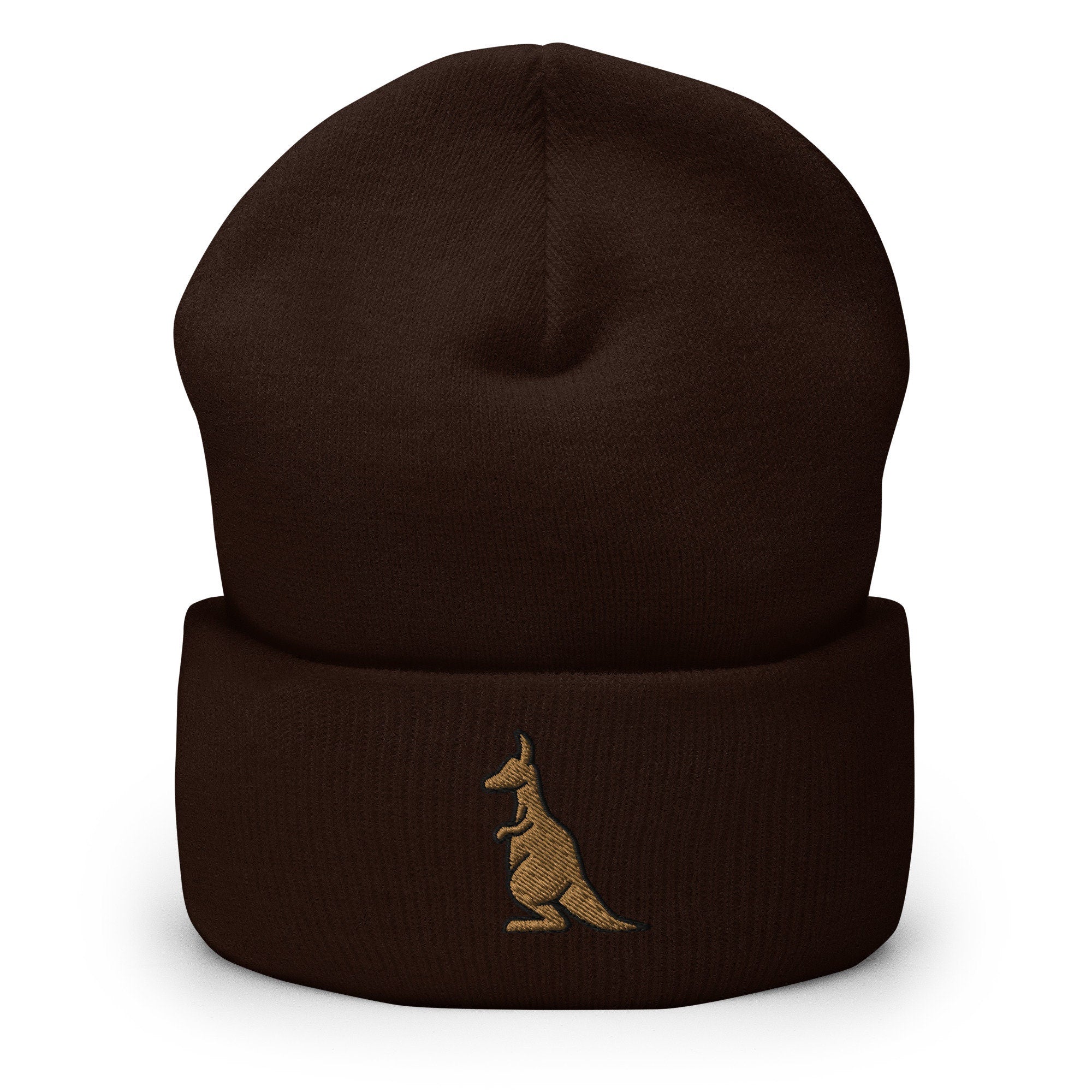 Kangaroo Embroidered Beanie, Cute Handmade Cuffed Knit Unisex Slouchy Adult Winter Hat Cap Gift
