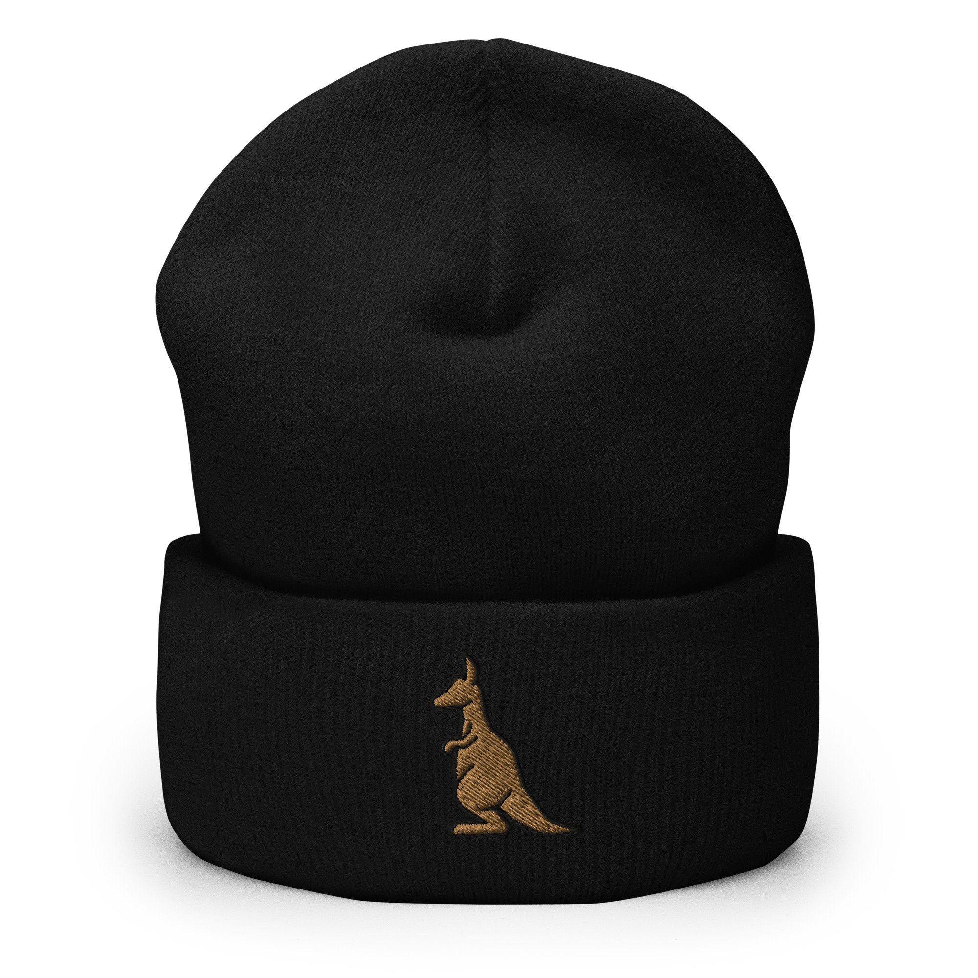 Kangaroo Embroidered Beanie, Cute Handmade Cuffed Knit Unisex Slouchy Adult Winter Hat Cap Gift