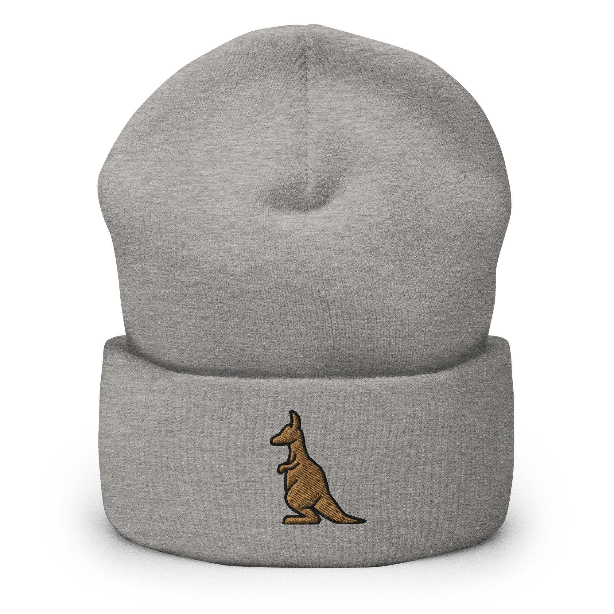 Kangaroo Embroidered Beanie, Cute Handmade Cuffed Knit Unisex Slouchy Adult Winter Hat Cap Gift