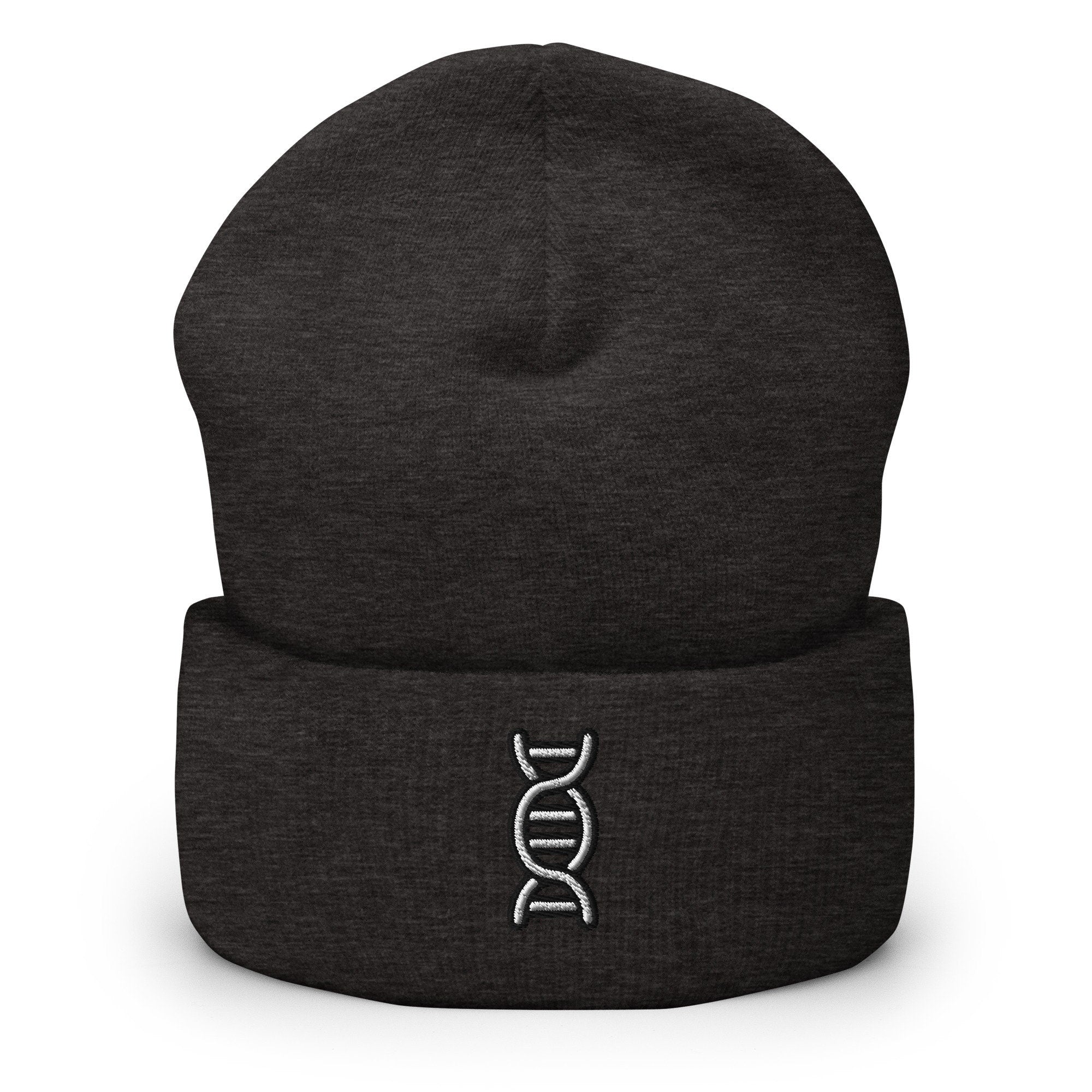 DNA Embroidered Beanie, Handmade Cuffed Knit Unisex Slouchy Adult Winter Hat Cap Gift