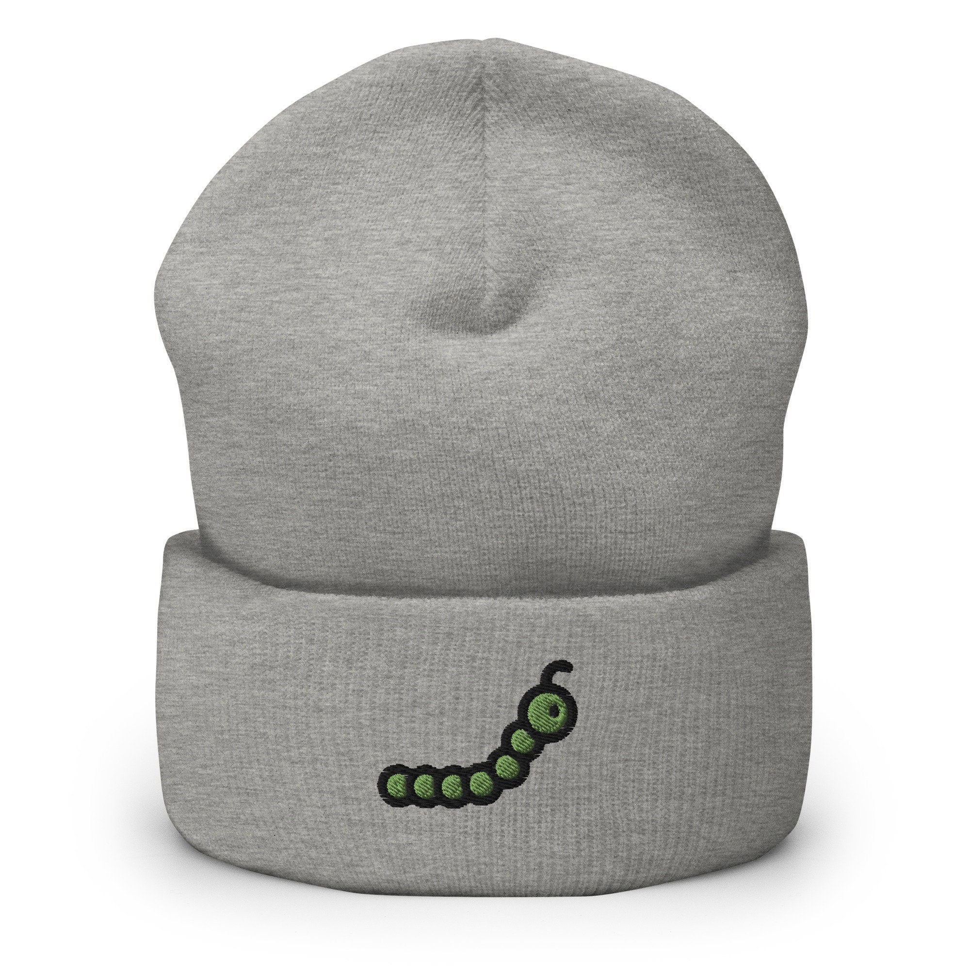 Caterpillar Embroidered Beanie, Handmade Cuffed Knit Unisex Slouchy Adult Winter Hat Cap Gift