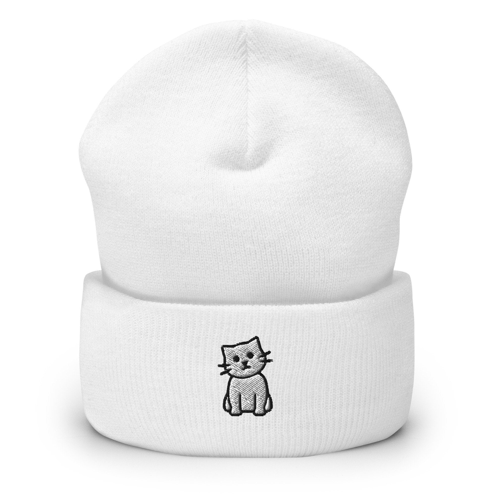 Cute Kitty, Kitten, Cat, Feline Embroidered Beanie, Handmade Cuffed Knit Unisex Slouchy Adult Winter Hat Cap Gift