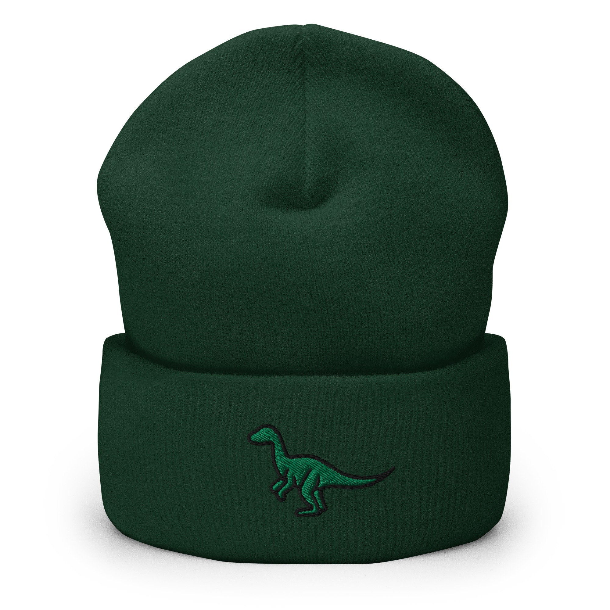Green Dinosaur Embroidered Beanie, Handmade Cuffed Knit Unisex Slouchy Adult Winter Hat Cap Gift