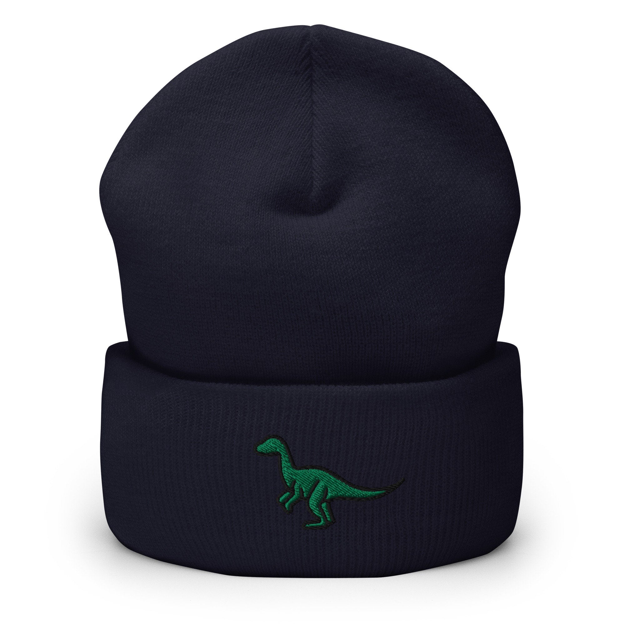 Green Dinosaur Embroidered Beanie, Handmade Cuffed Knit Unisex Slouchy Adult Winter Hat Cap Gift