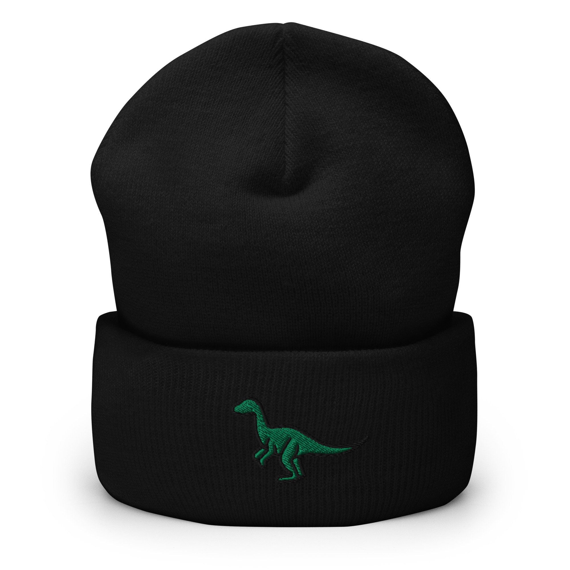 Green Dinosaur Embroidered Beanie, Handmade Cuffed Knit Unisex Slouchy Adult Winter Hat Cap Gift