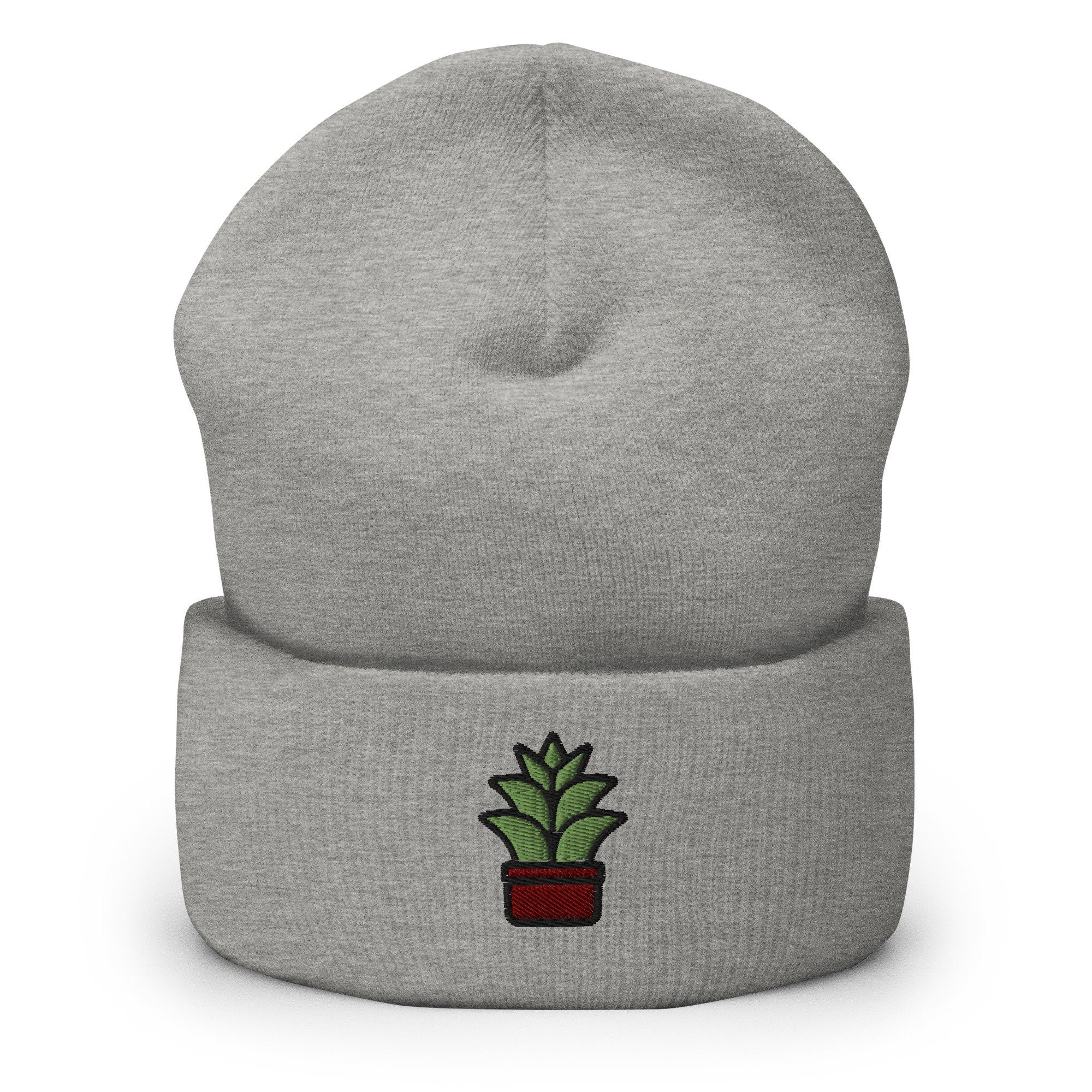 House Plant Succulent Agave Plant Embroidered Beanie, Handmade Cuffed Knit Unisex Slouchy Adult Winter Hat Cap Gift