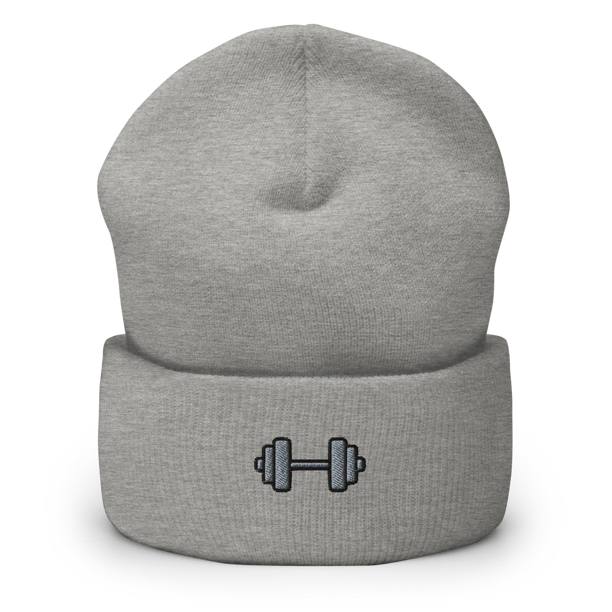 Dumbbell Weightlifting Body Building Embroidered Beanie, Handmade Cuffed Knit Unisex Slouchy Adult Winter Hat Cap Gift