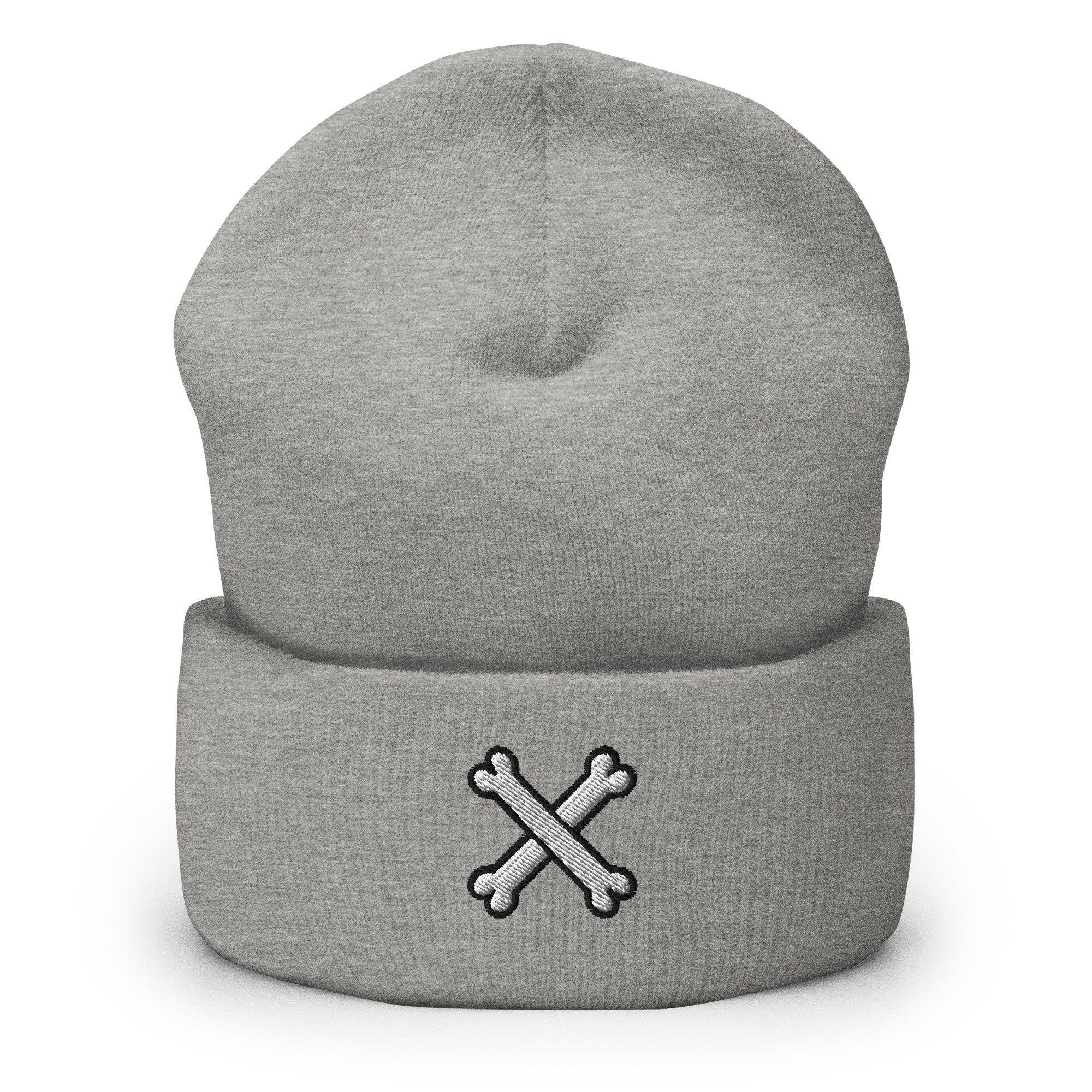 X Crossbones Bone Embroidered Beanie, Handmade Cuffed Knit Unisex Slouchy Adult Winter Hat Cap Gift