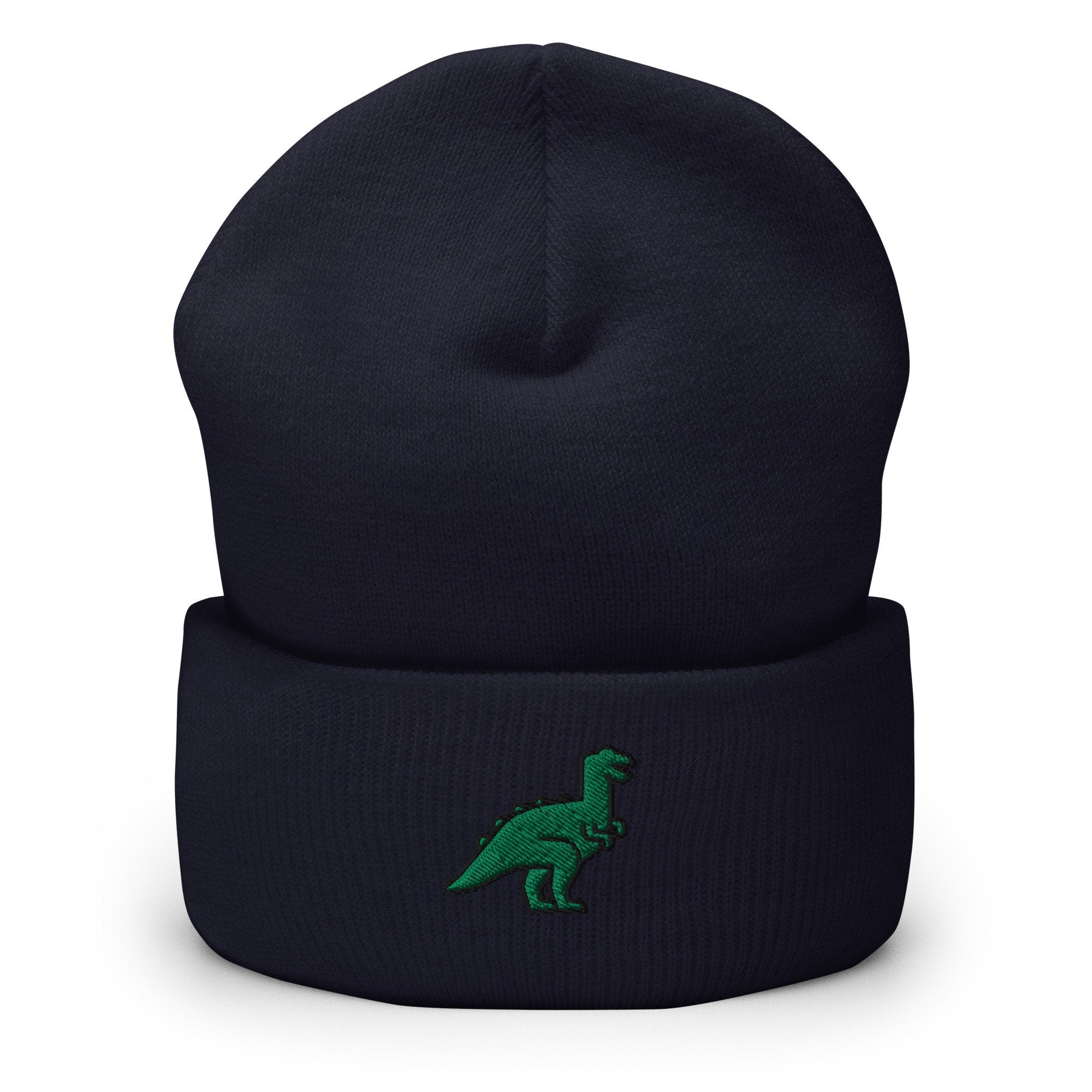 Dinosaur T-rex Tyrannosaurus Embroidered Beanie, Handmade Cuffed Knit Unisex Slouchy Adult Winter Hat Cap Gift