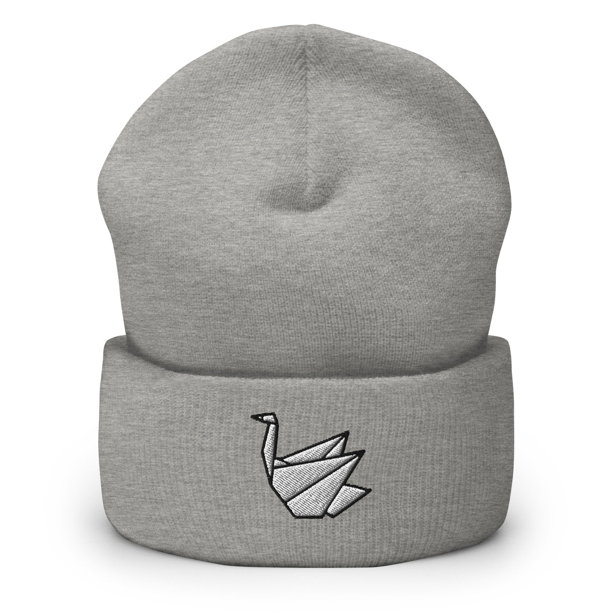 Paper Swan Embroidered Beanie, Handmade Cuffed Knit Unisex Slouchy Adult Winter Hat Cap Gift
