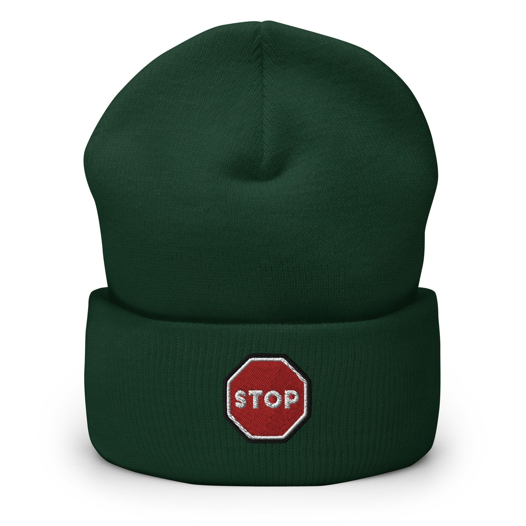 Stop Sign Embroidered Beanie, Handmade Cuffed Knit Unisex Slouchy Adult Winter Hat Cap Gift