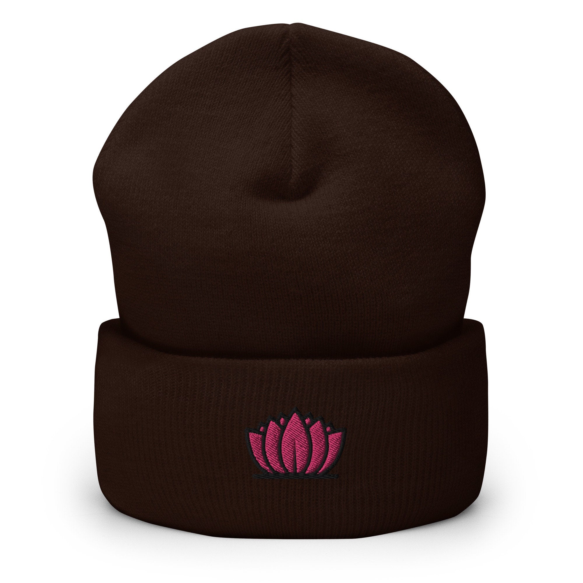 Lotus Flower Embroidered Beanie, Handmade Cuffed Knit Unisex Slouchy Adult Winter Hat Cap Gift