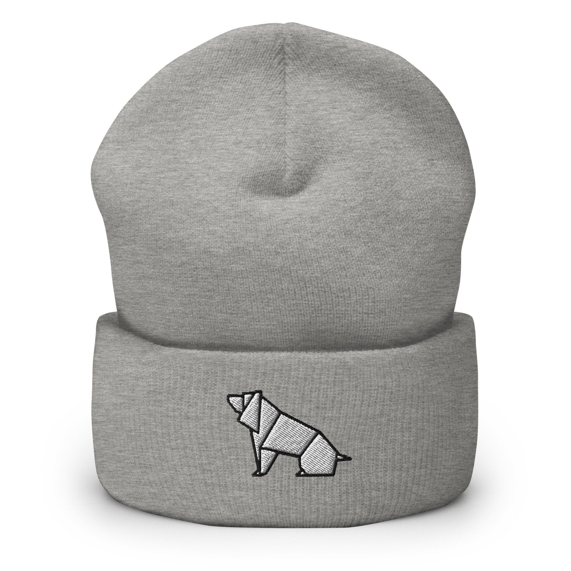 Origami Paper Dog Embroidered Beanie, Handmade Cuffed Knit Unisex Slouchy Adult Winter Hat Cap Gift