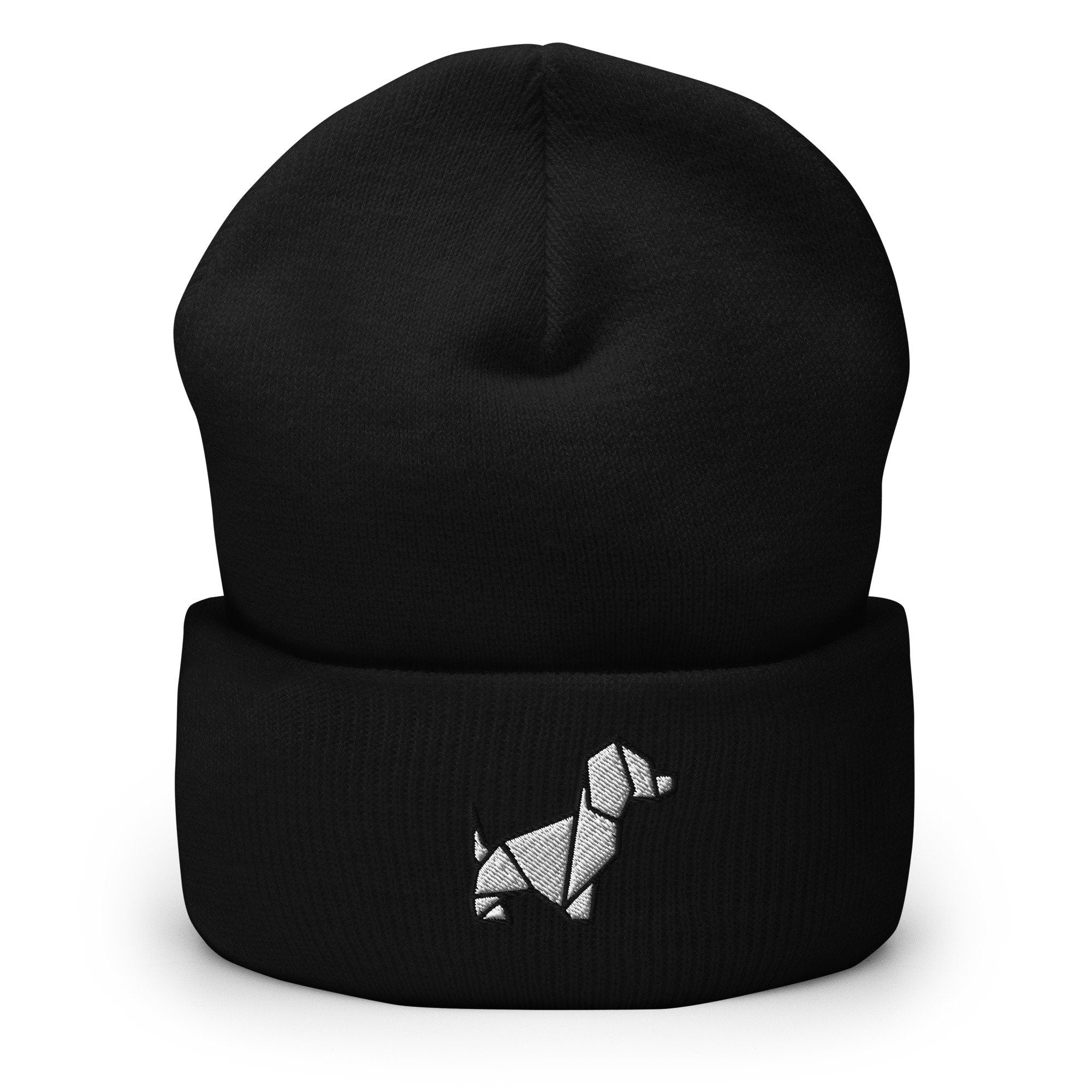 Origami Dog Embroidered Beanie, Handmade Cuffed Knit Unisex Slouchy Adult Winter Hat Cap Gift