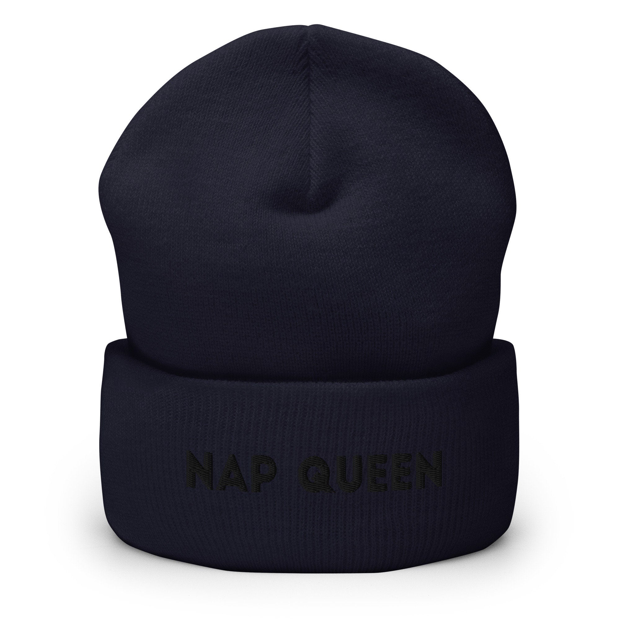 Nap Queen Embroidered Beanie, Handmade Cuffed Knit Unisex Slouchy Adult Winter Hat Cap Gift