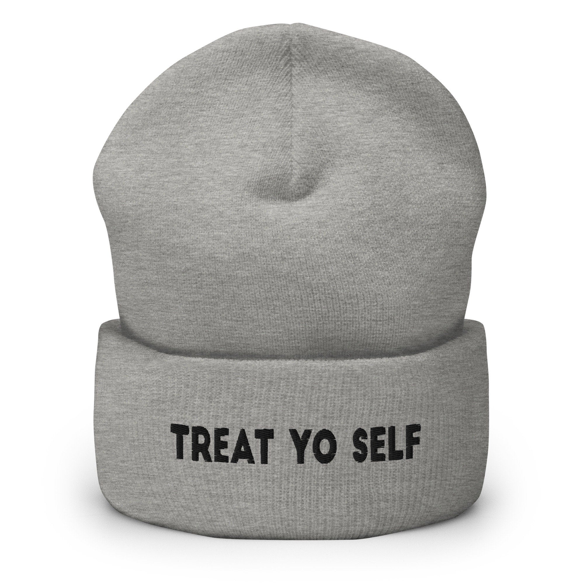 Treat Yo Self Embroidered Beanie, Handmade Cuffed Knit Unisex Slouchy Adult Winter Hat Cap Gift