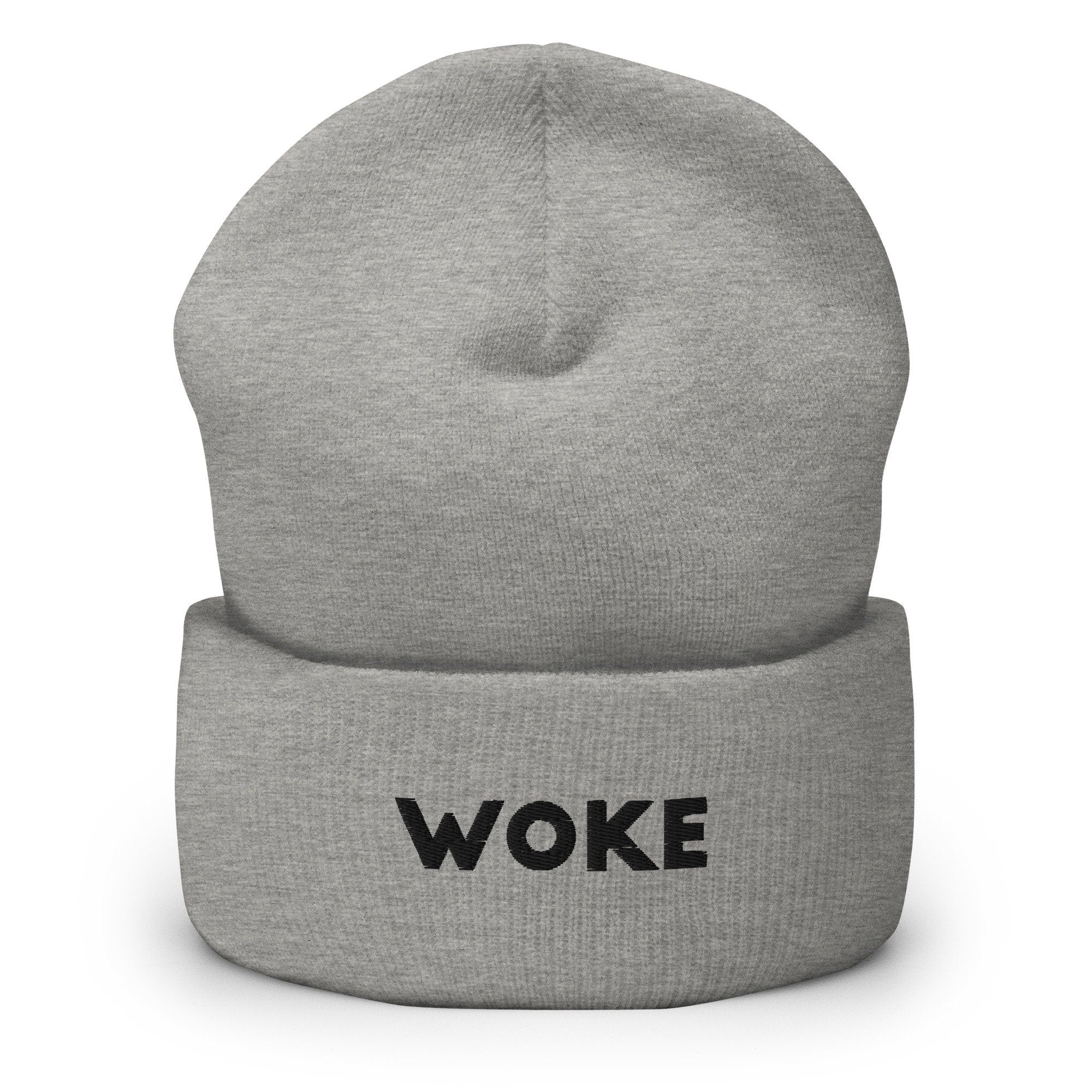 Woke Embroidered Beanie, Handmade Cuffed Knit Unisex Slouchy Adult Winter Hat Cap Gift