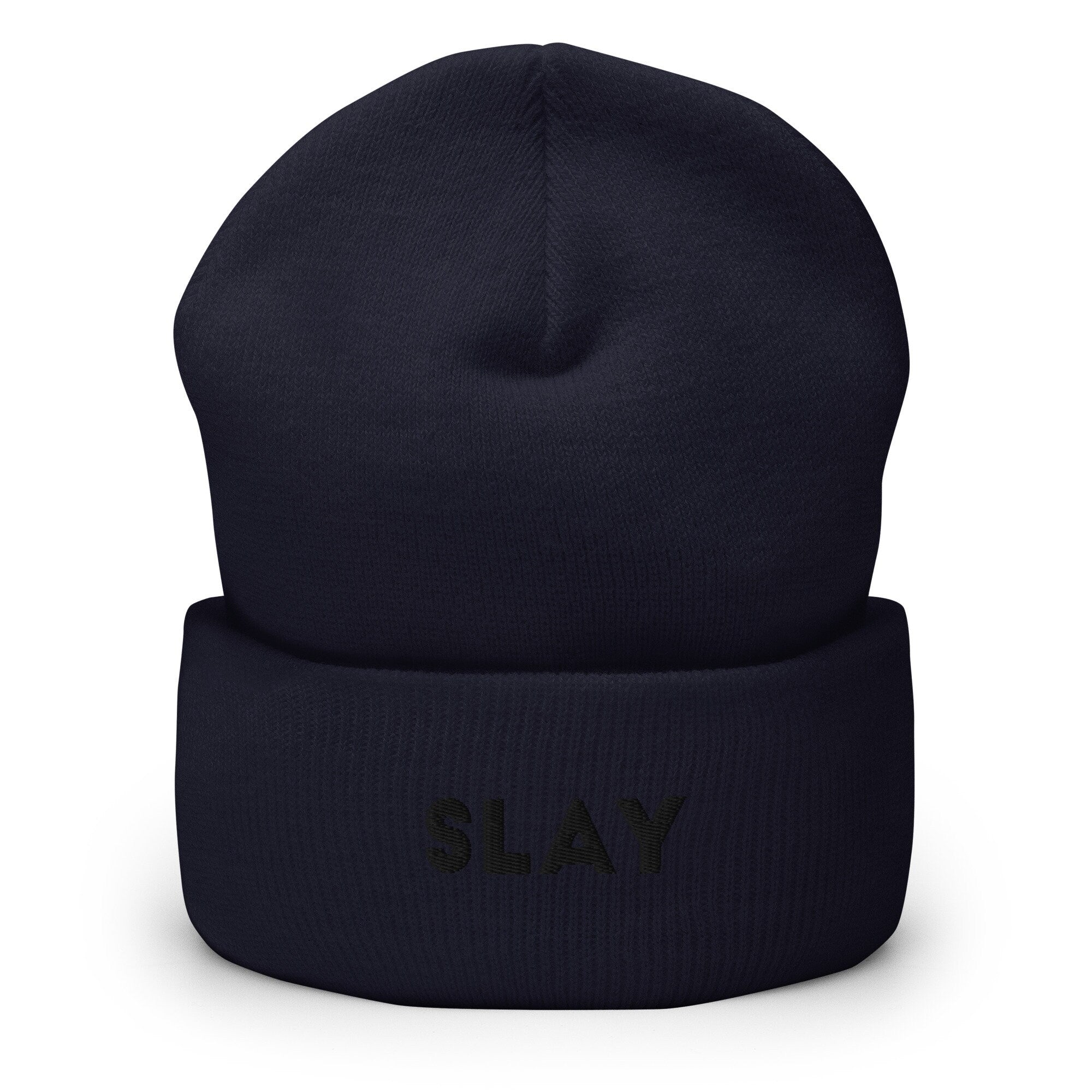 Slay Embroidered Beanie, Handmade Cuffed Knit Unisex Slouchy Adult Winter Hat Cap Gift