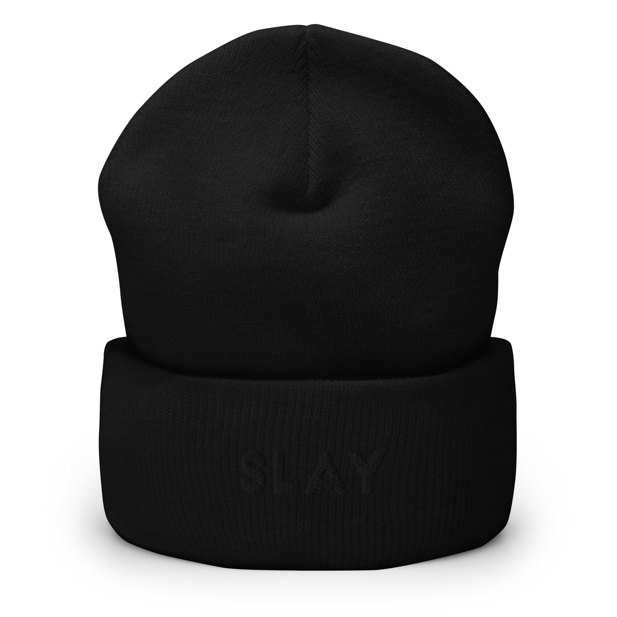 Slay Embroidered Beanie, Handmade Cuffed Knit Unisex Slouchy Adult Winter Hat Cap Gift