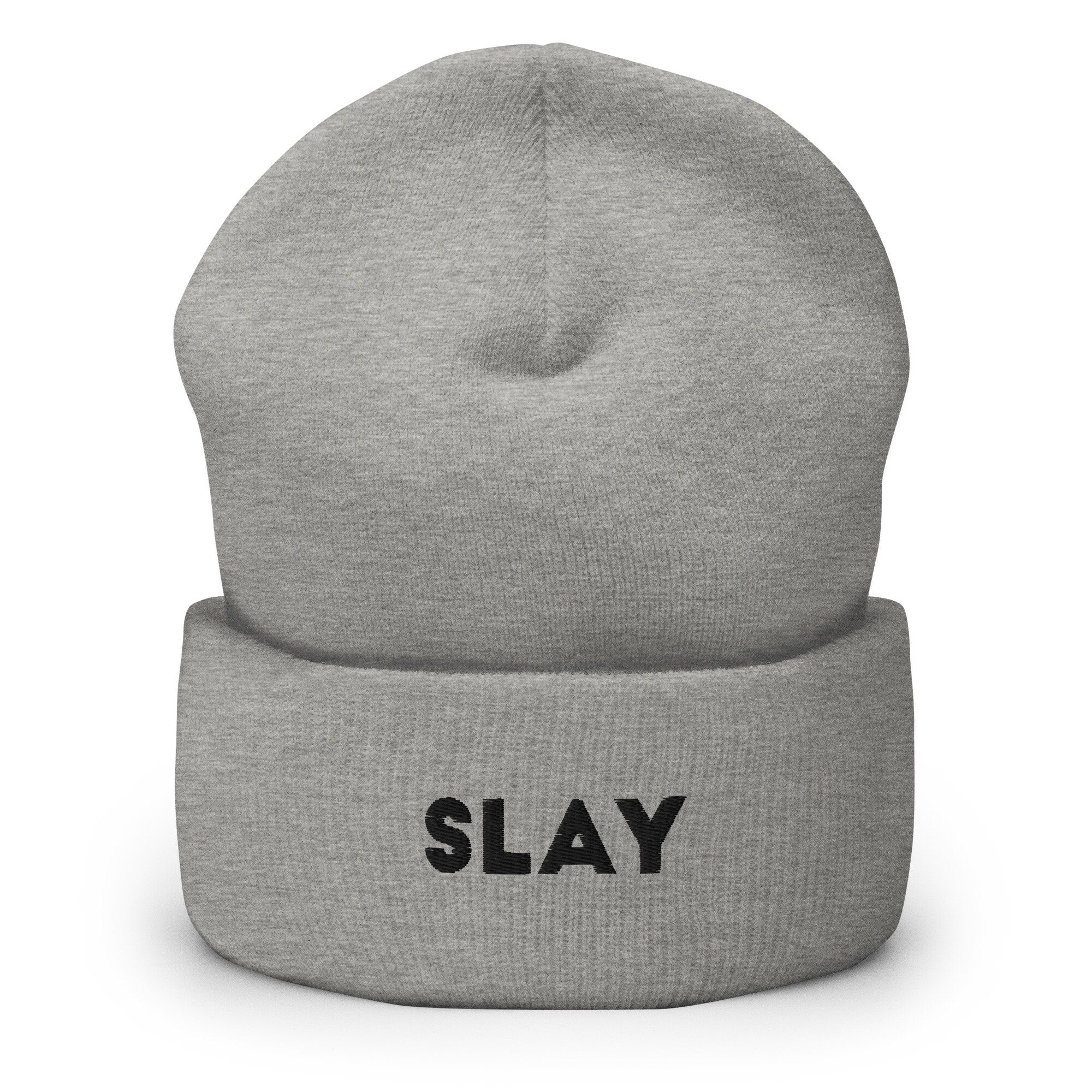 Slay Embroidered Beanie, Handmade Cuffed Knit Unisex Slouchy Adult Winter Hat Cap Gift