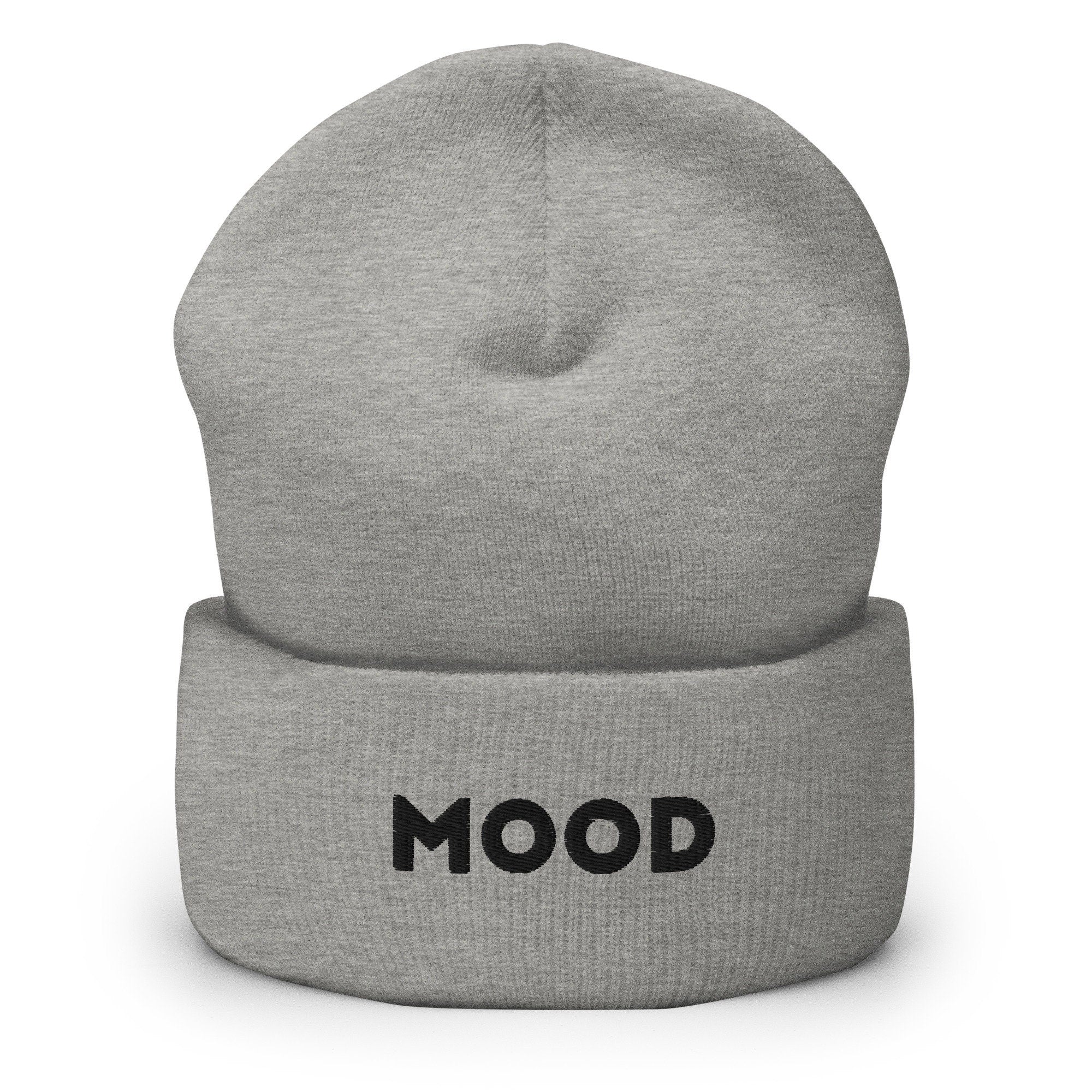 Mood Embroidered Beanie, Handmade Cuffed Knit Unisex Slouchy Adult Winter Hat Cap Gift